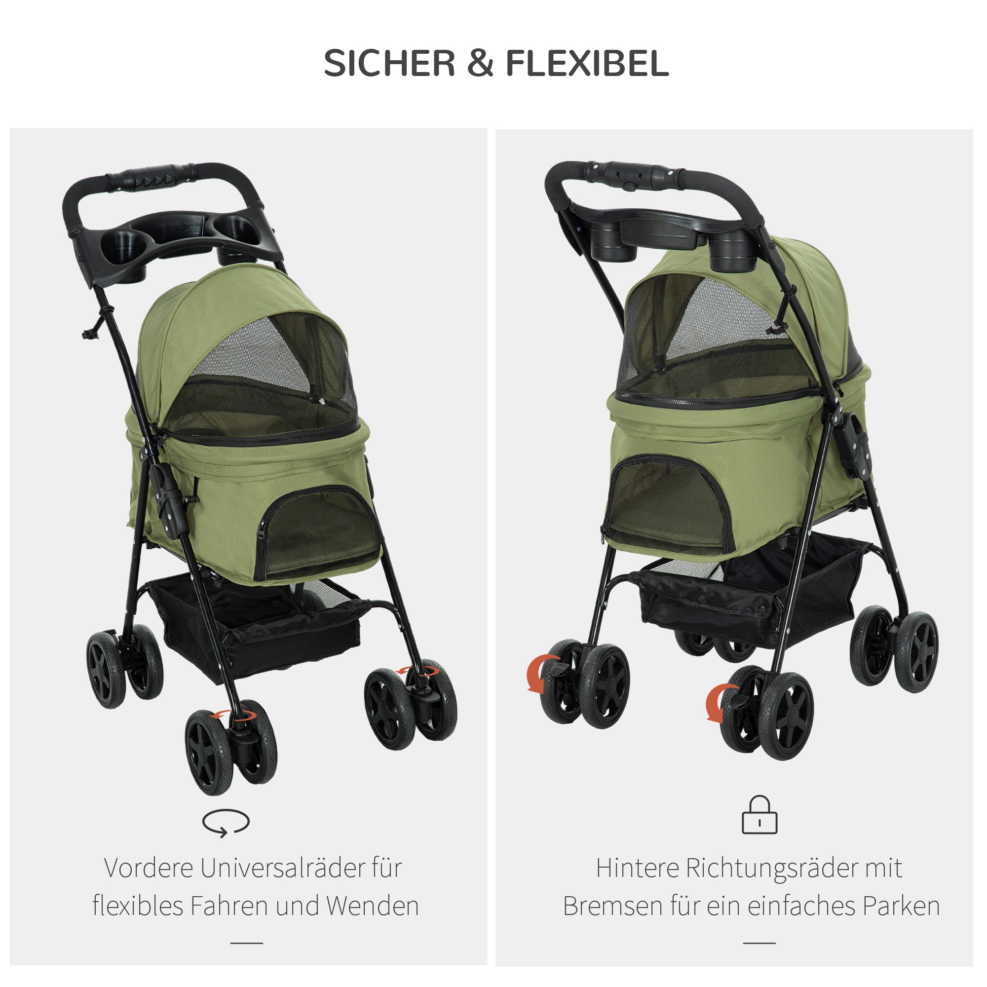 Hundewagen Hundebuggy, klappbar, 2 Sicherheitsleinen, 2 Becherhalter,  67 x 45 x 96 cm, Khaki