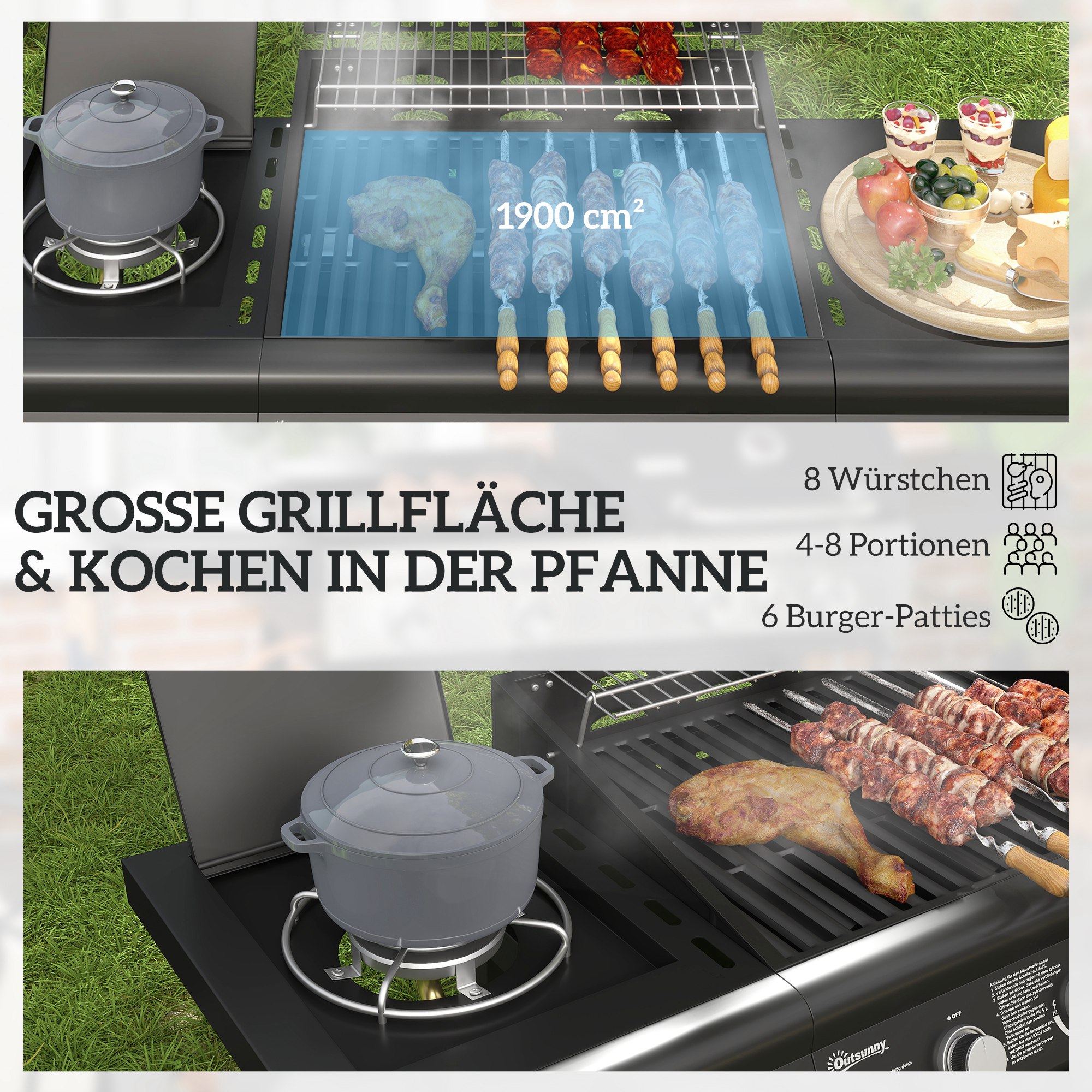 fahrbarer Gasgrill mit Stauraum, Seitentisch, Seitenbrenner, Warmhalterost, Thermometer, Edelstahl, Schwarz