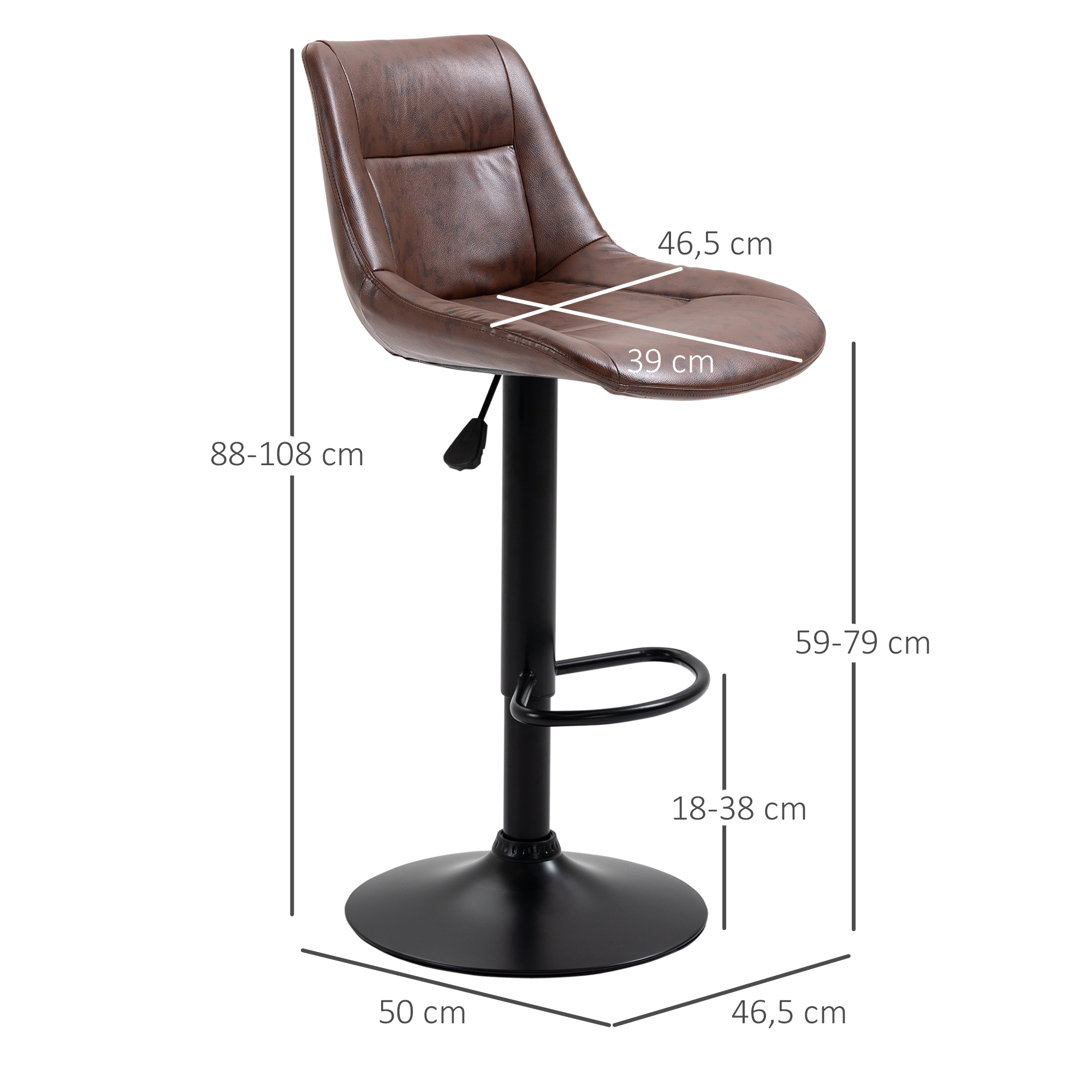 2er-Set Barhocker Barhocker Barstühle, höhenverstellbar, inkl. Fußstütze, 46,5cm x 50cm x 108cm, Schwarz + Braun