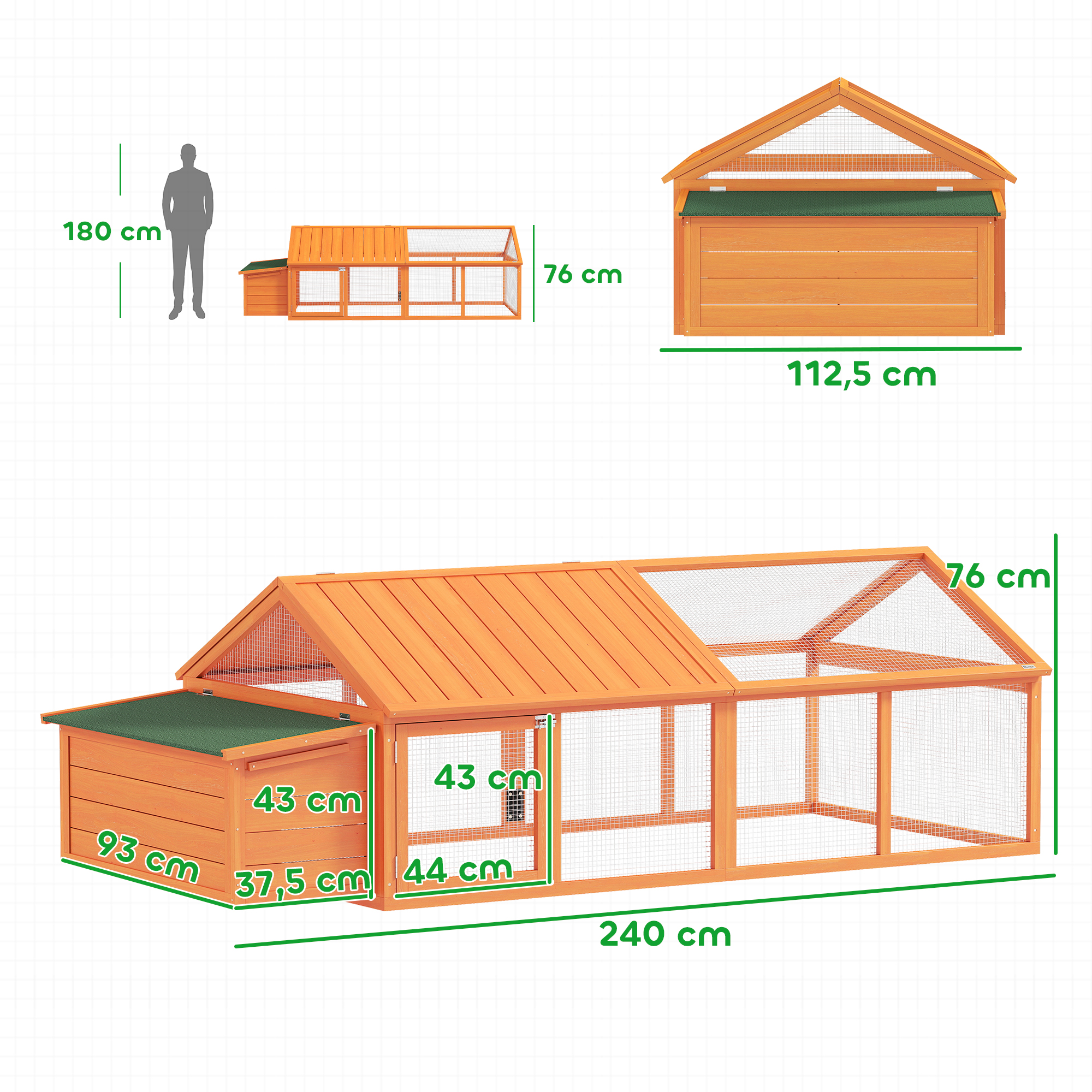 Hühnerstall Freilaufgehege 2,4 x 1,125 x 0,76 m Freigehege mit Schloss Tür aufklappbar Dach Tannenholz Orange