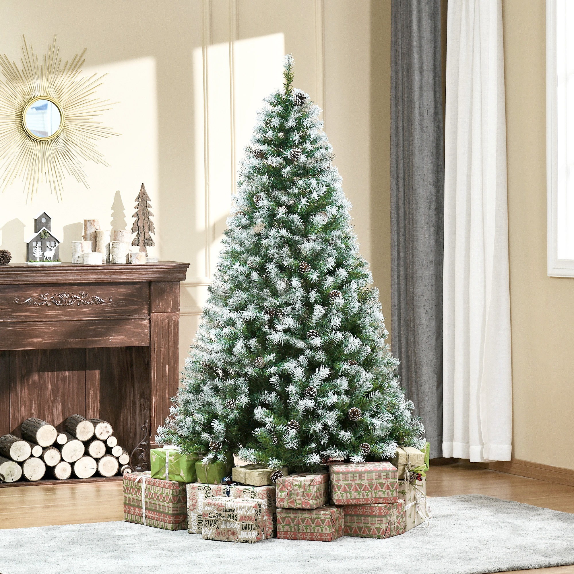 Künstlicher Weihnachtsbaum, 800 Zweige, 61 Zapfen, verschneite Spitzen, feuerfest, 180 cm