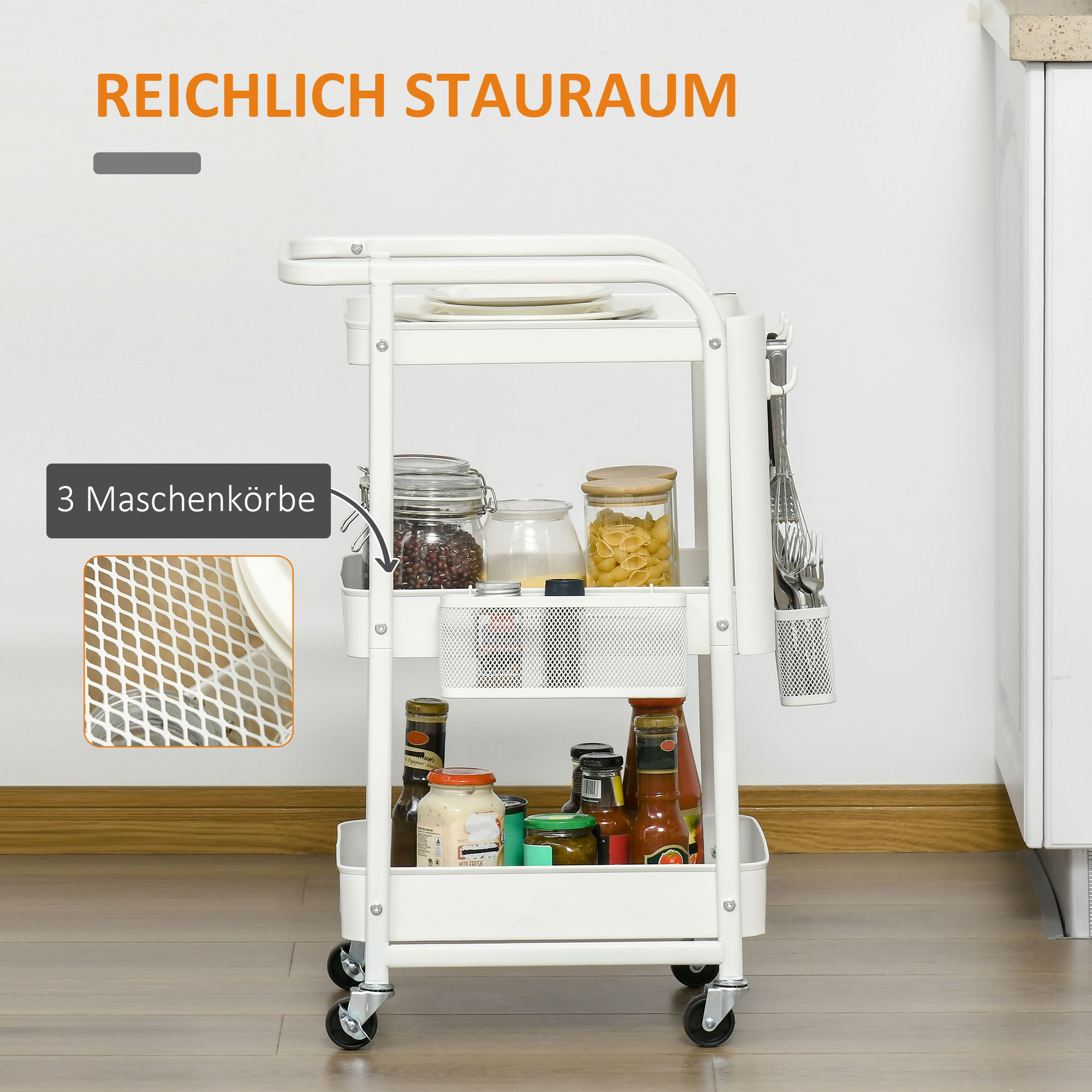 Küchentrolley mit Lochtafel, Handtuchhaltern und Aufbewahrungskörben, 51,5 cm x 32 cm x75,6 cm, Weiß