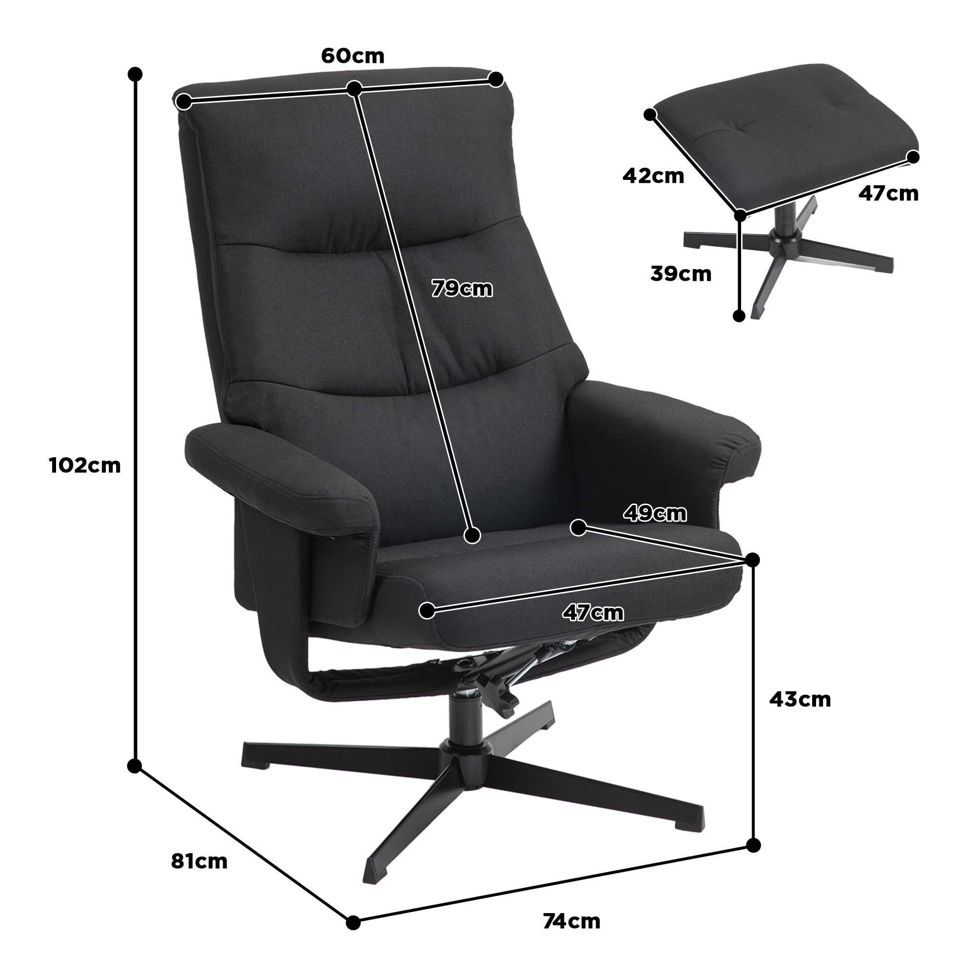 Liegesessel mit Hocker, drehbar, Wippfunktion, Samtoptik, bis 150 kg, Schwarz