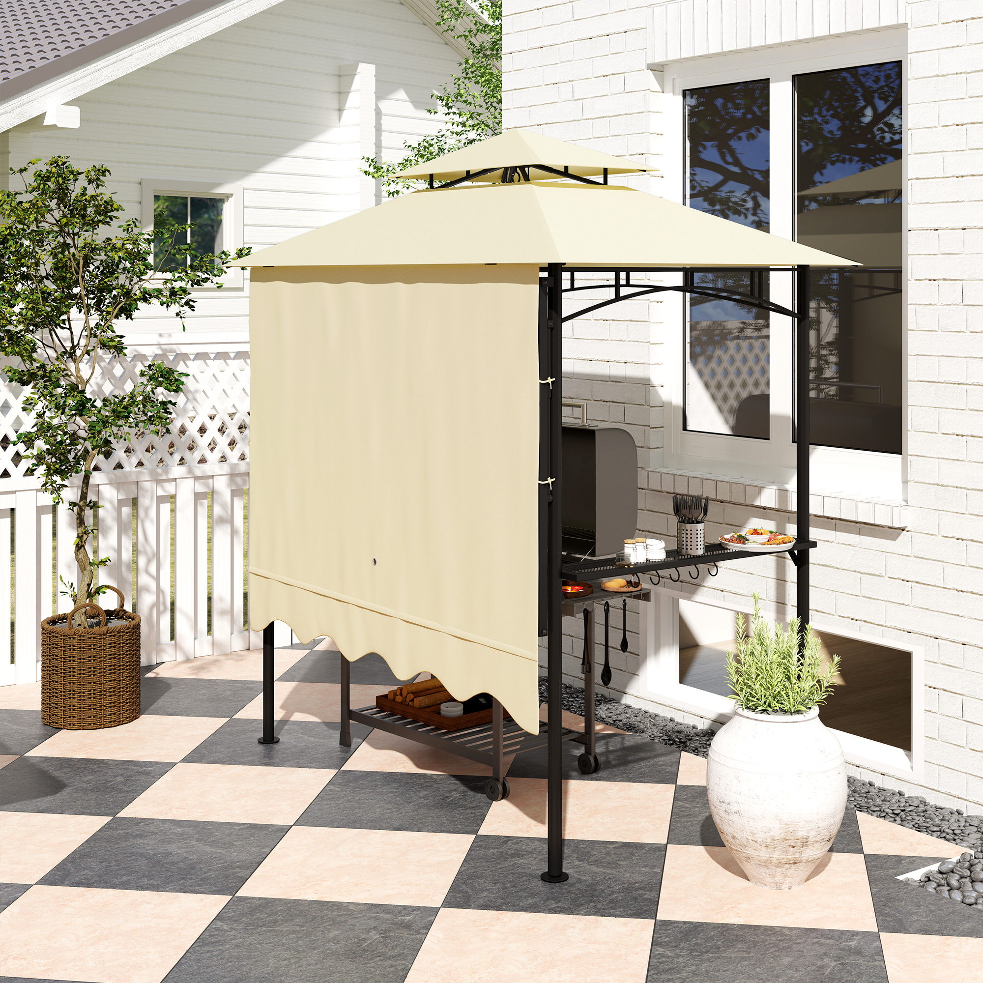 Grillpavillon 242x232x248 cm wasserabweisend flammhemmend Gartenpavillon mit Doppelschichtdach Beige