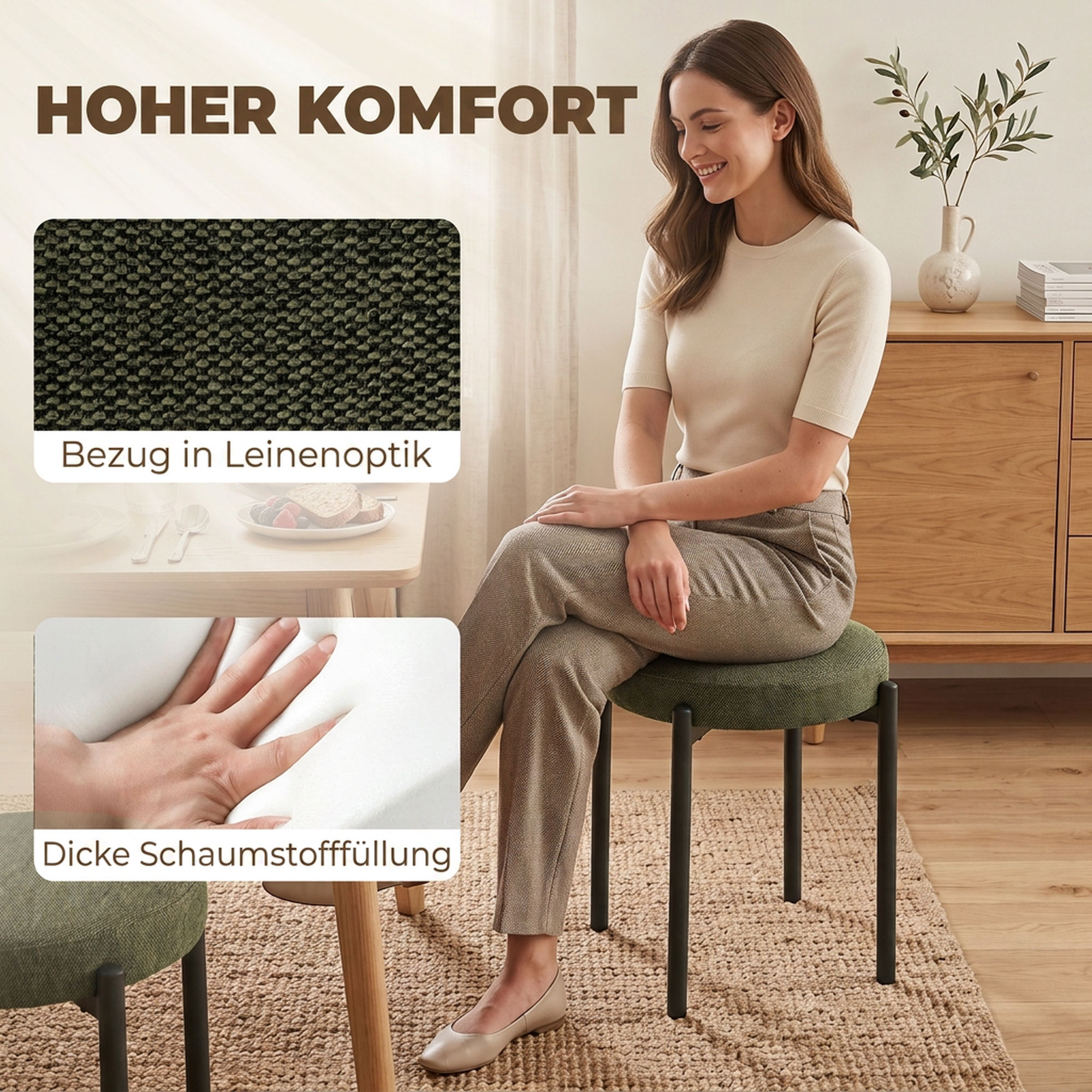 Esszimmerhocker 4er Set Stapelbare Sitzhocker mit Stahlbeinen, Leinenoptik für Esszimmer, Wohnzimmer, Küche, Dunkelgrün