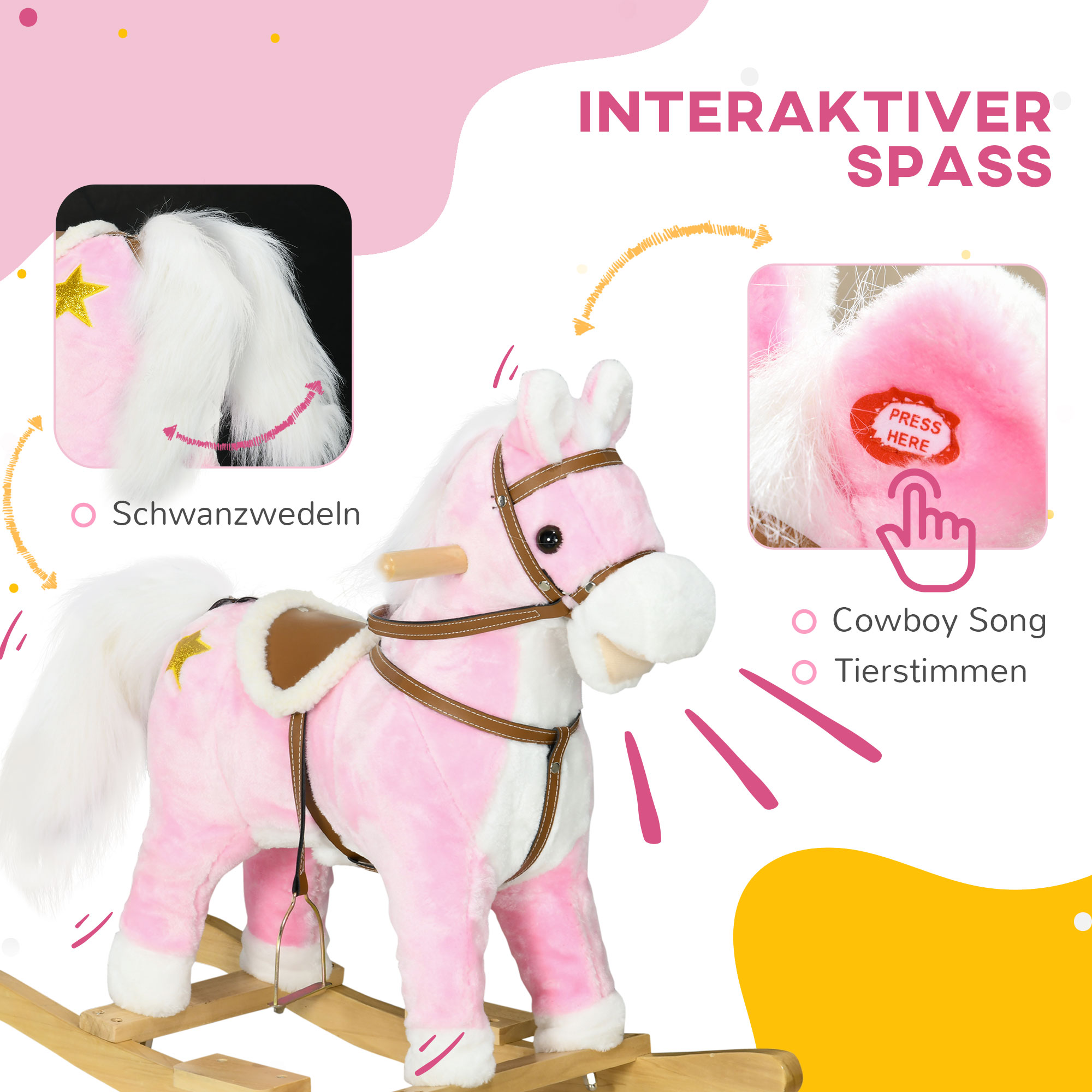 Schaukelpferd, Sattel mit Steigbügeln, Soundeffekte, Musik, Plüschkörper, Metallrahmen, bis 30 kg, pink