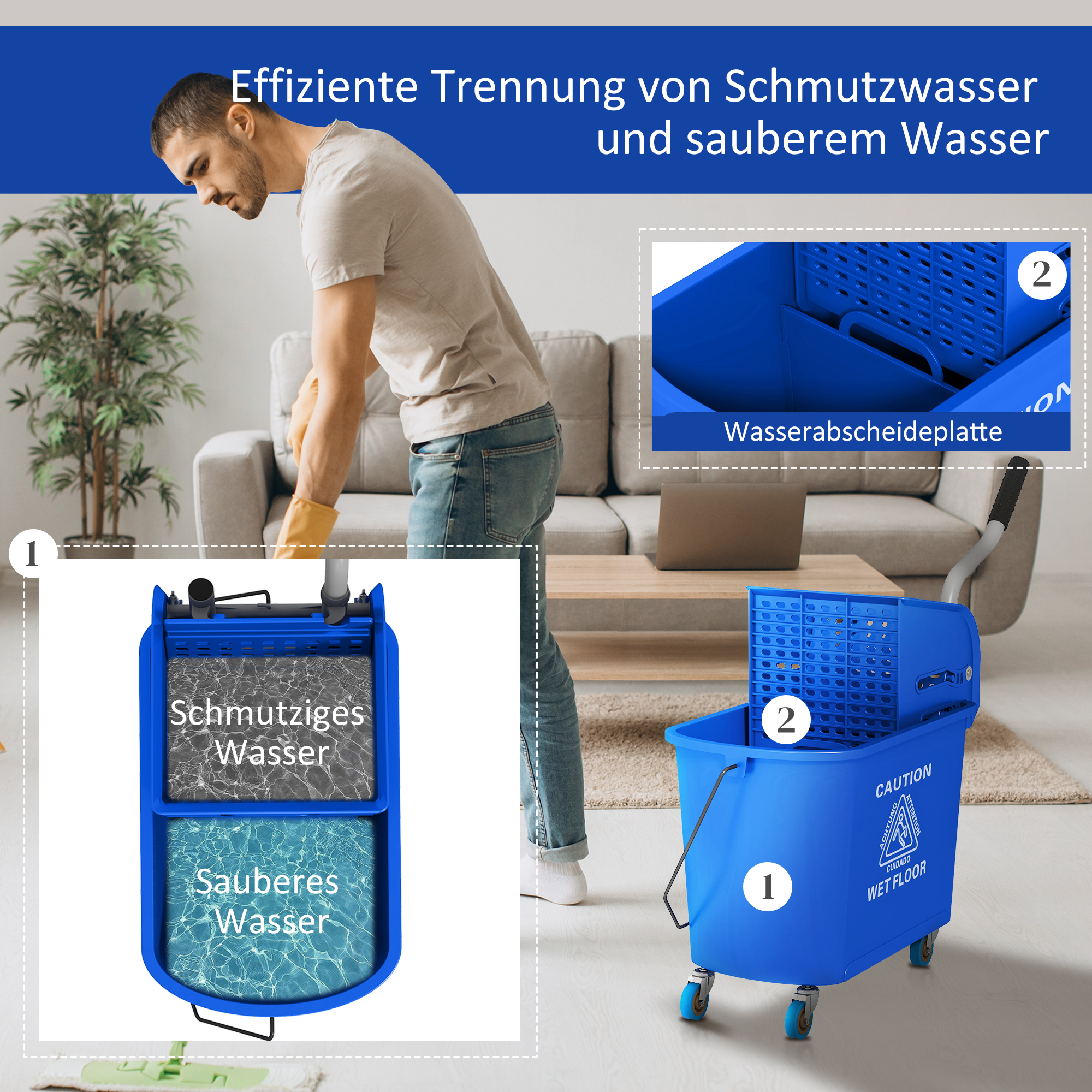 20l Mopp-Eimer mit Auswringer und Griff, Wischmopp-Eimer auf Rädern, Kunststoff, Blau