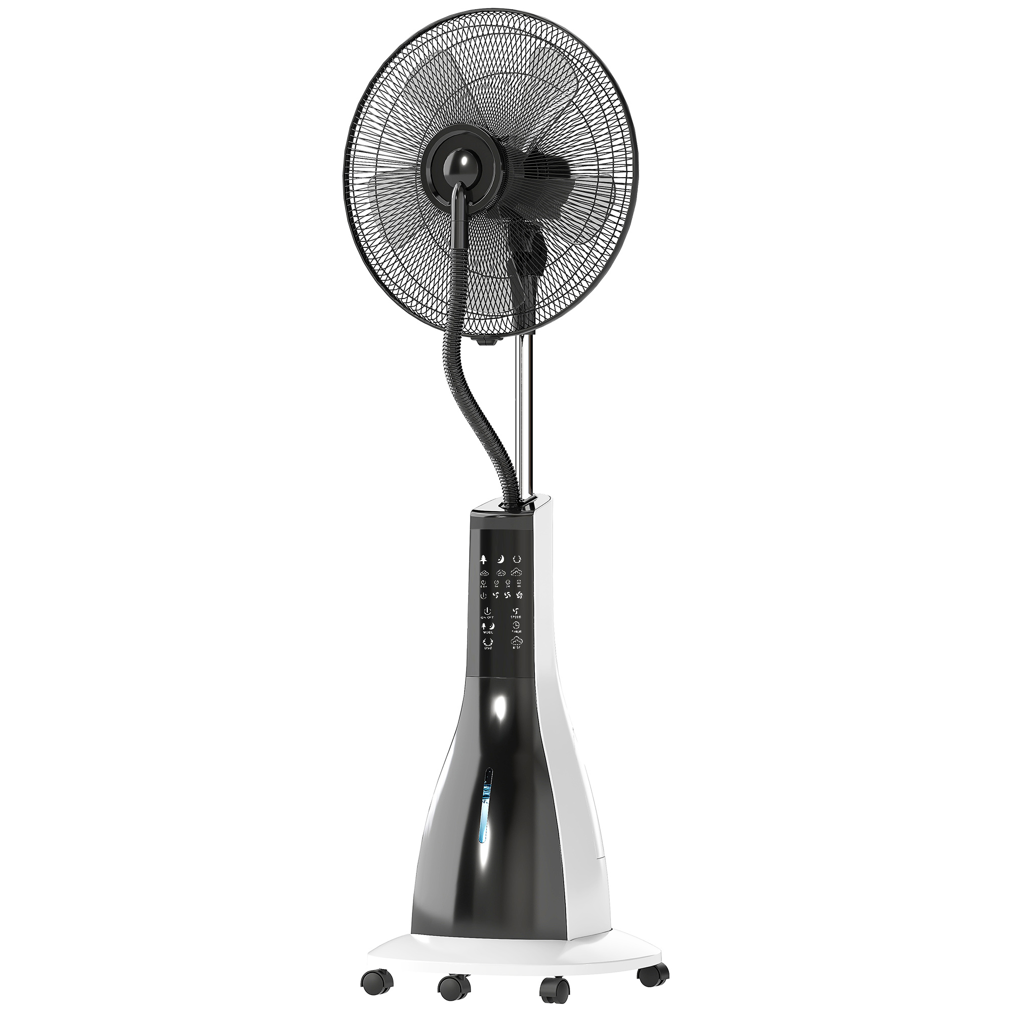 Ventilator mit Sprühnebel-Funktion, 75 Grad drehbar, 3 Geschwindigkeiten, 3 Modi, 3-Liter-Wassertank, Schwarz+Weiß