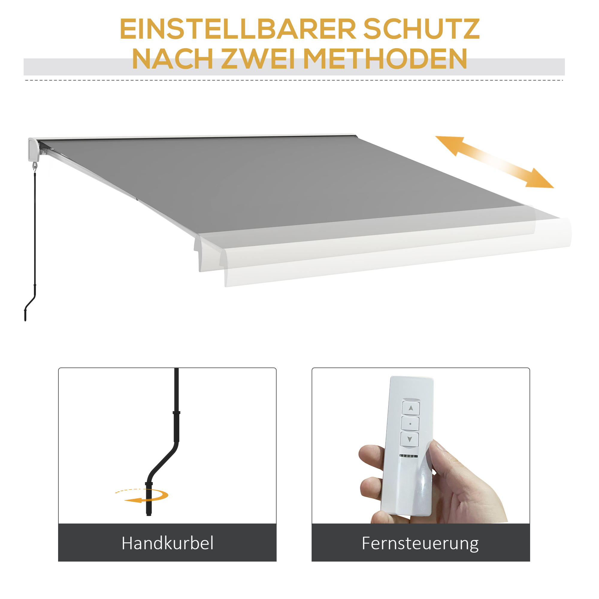Markise, elektrisch/manuell ausfahrbar, Vollkassette, Fernbedienung, Aluminiumrahmen, 4 x 3 m, Hellgrau