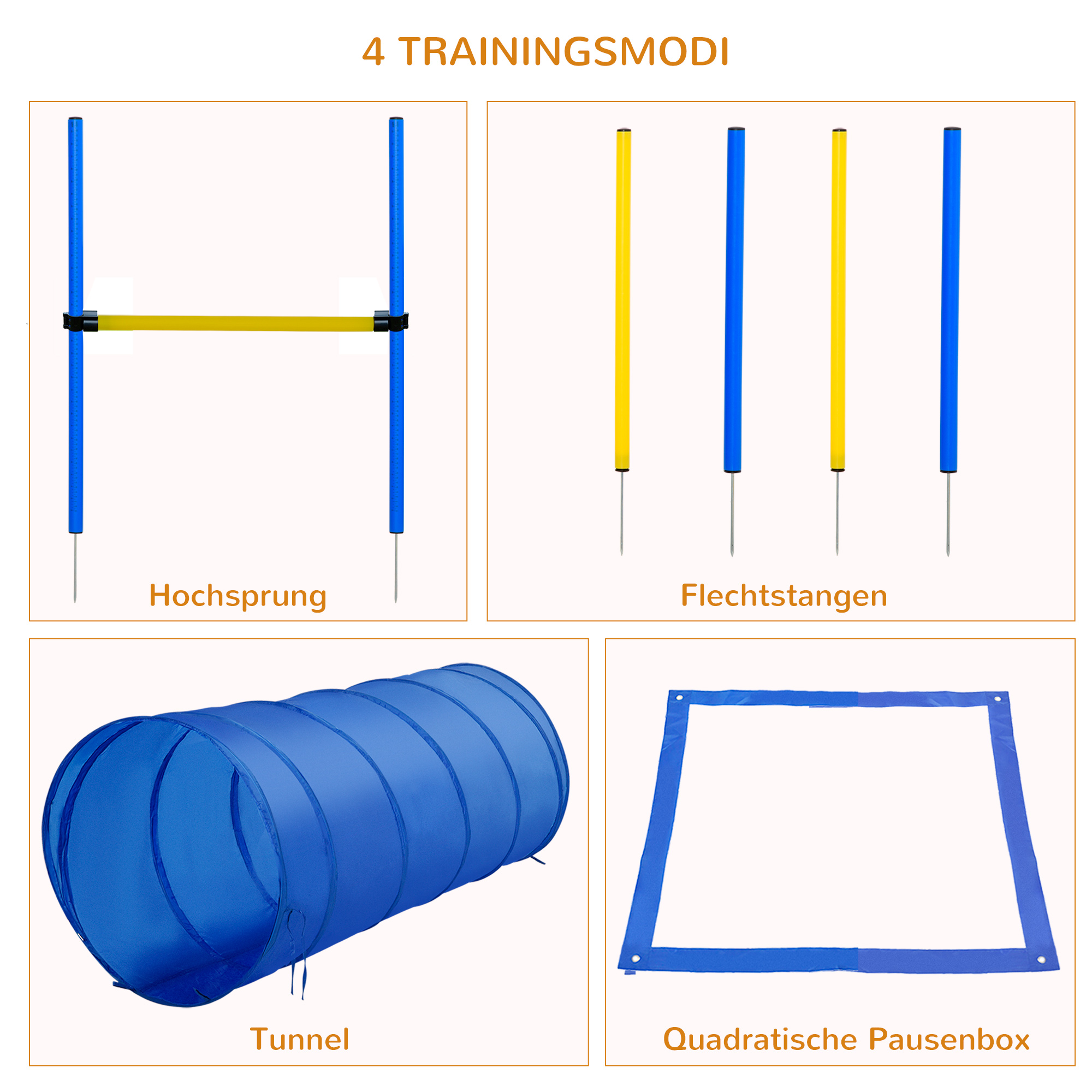Agility Set Hunde 5-teiliges Agility-Ausrüstung für Hundetraining Steckhürdenset mit Hundetunnel 4 Slalomstangen höhenverstellbar Hürden Pause-Box Tragetasche Agilityset für Spiele Training
