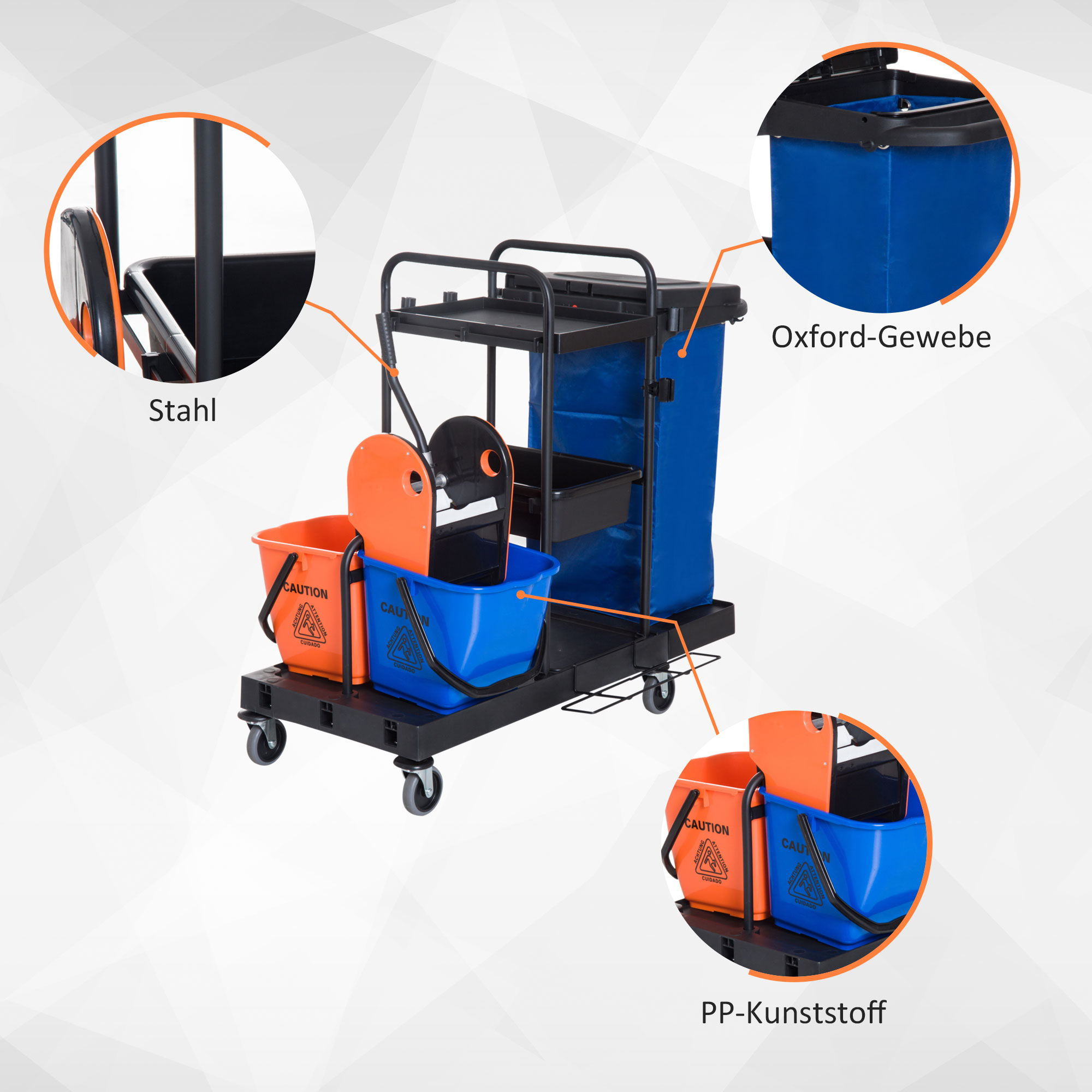 Putzwagen Reinigungswagen Wischwagen Systemwagen mit 4 leichtgängigen Rollen Schwarz+Blau+Orange 111 × 63,3 × 103 cm