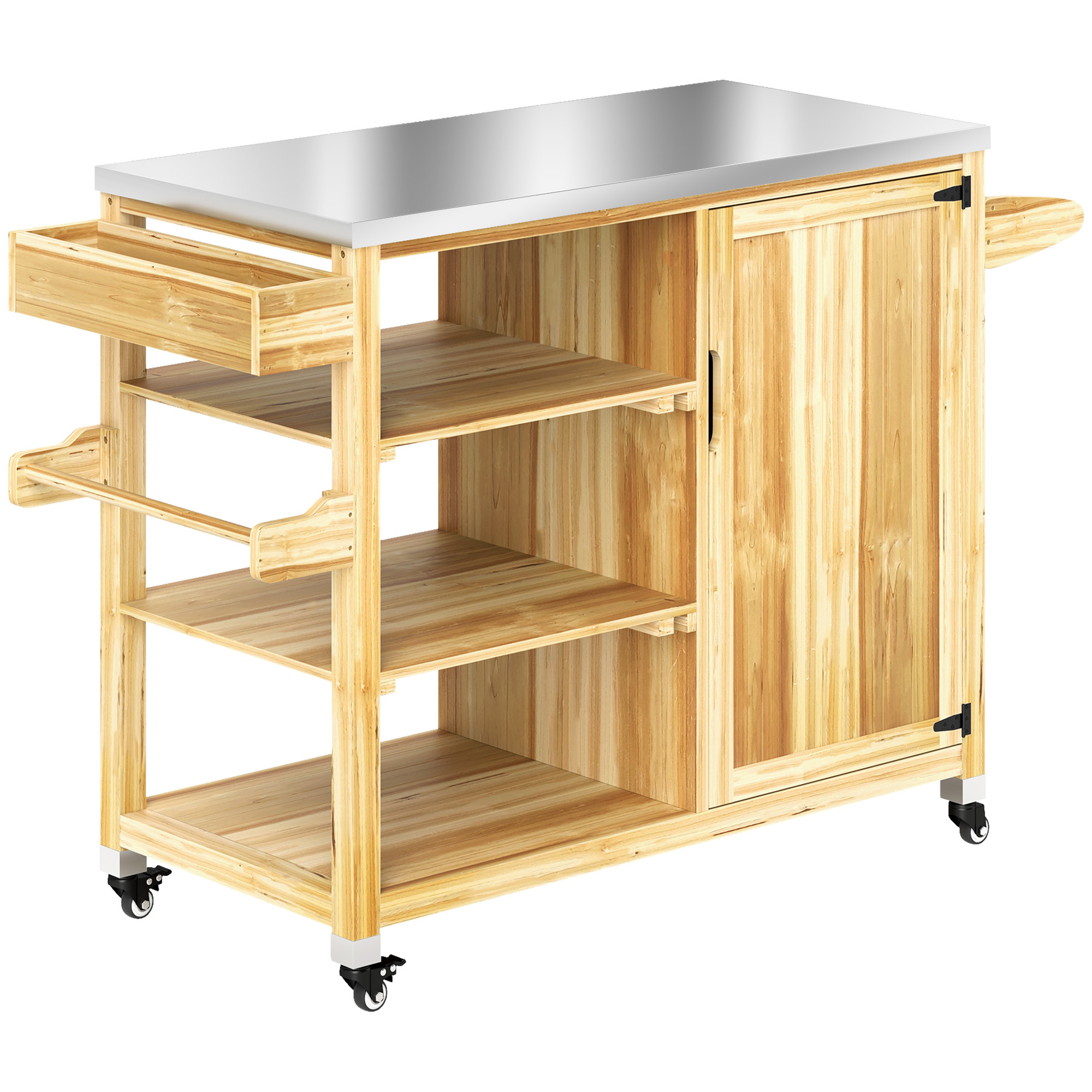 Outdoor-Kücheninsel, Grillwagen mit Schrank und Regalen, Küchenwagen aus Holz und Edelstahl, mit Rollen, Naturholz