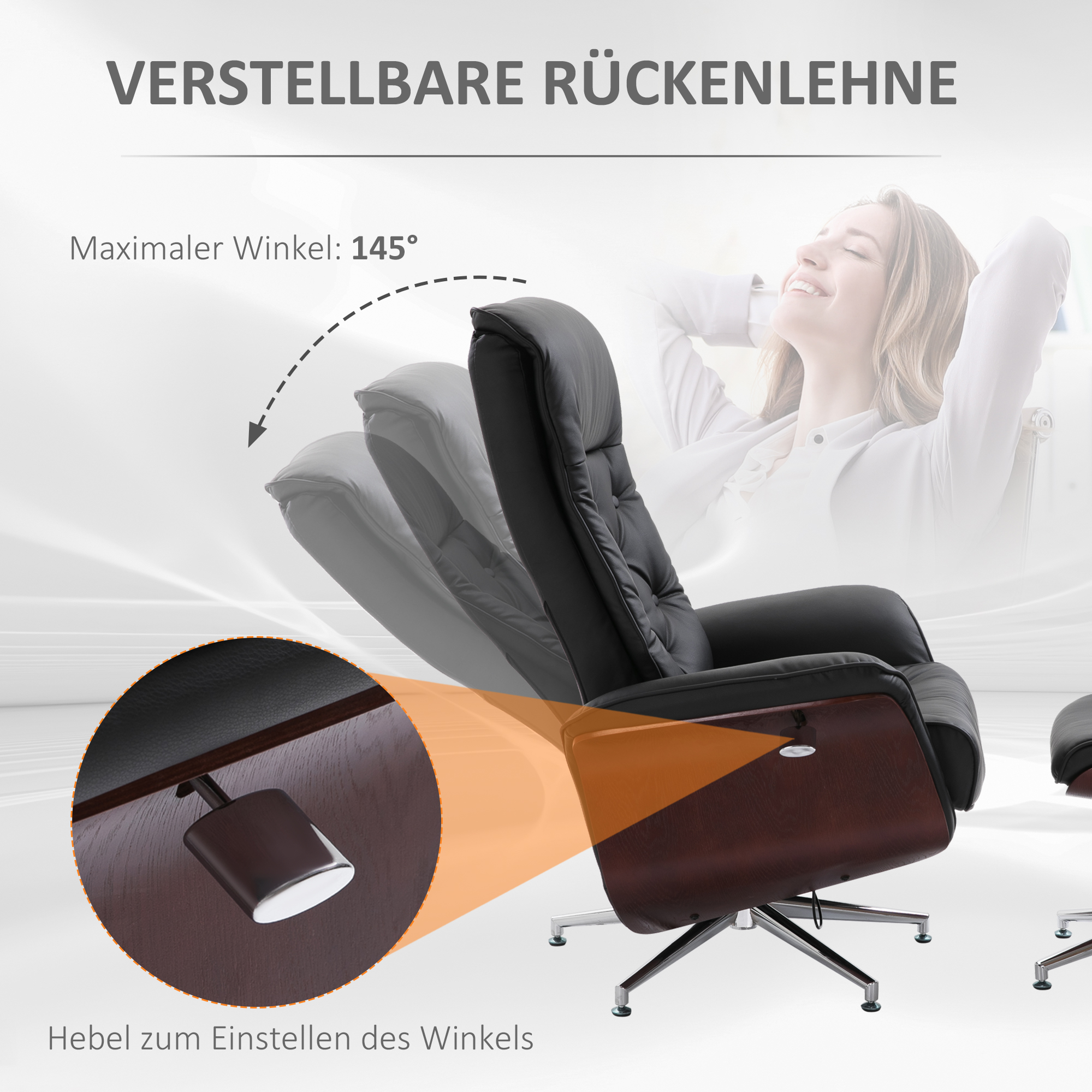 Relaxsessel mit Hocker Fernsehsessel Polstersessel 360° drehbar 145° neigbar mit Retro-Design Chesterfield PU-Bezug Holzverkleidung Metallfuß Schwarz 82 x 83 x 110 cm