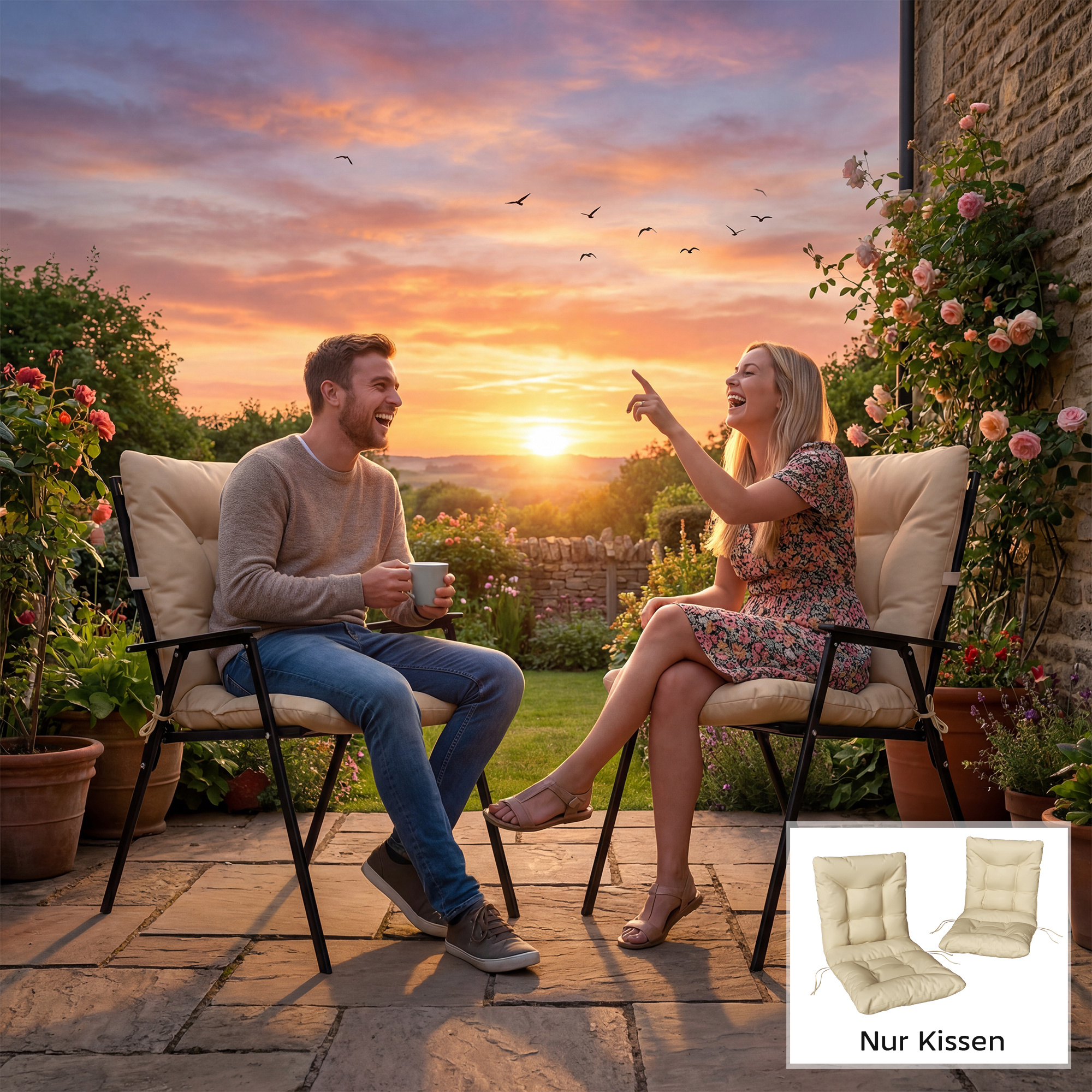 Outdoor-Sitzkissen mit Rückenlehne und Bändern, wasserabweisende Polster für drinnen und draußen, Beige