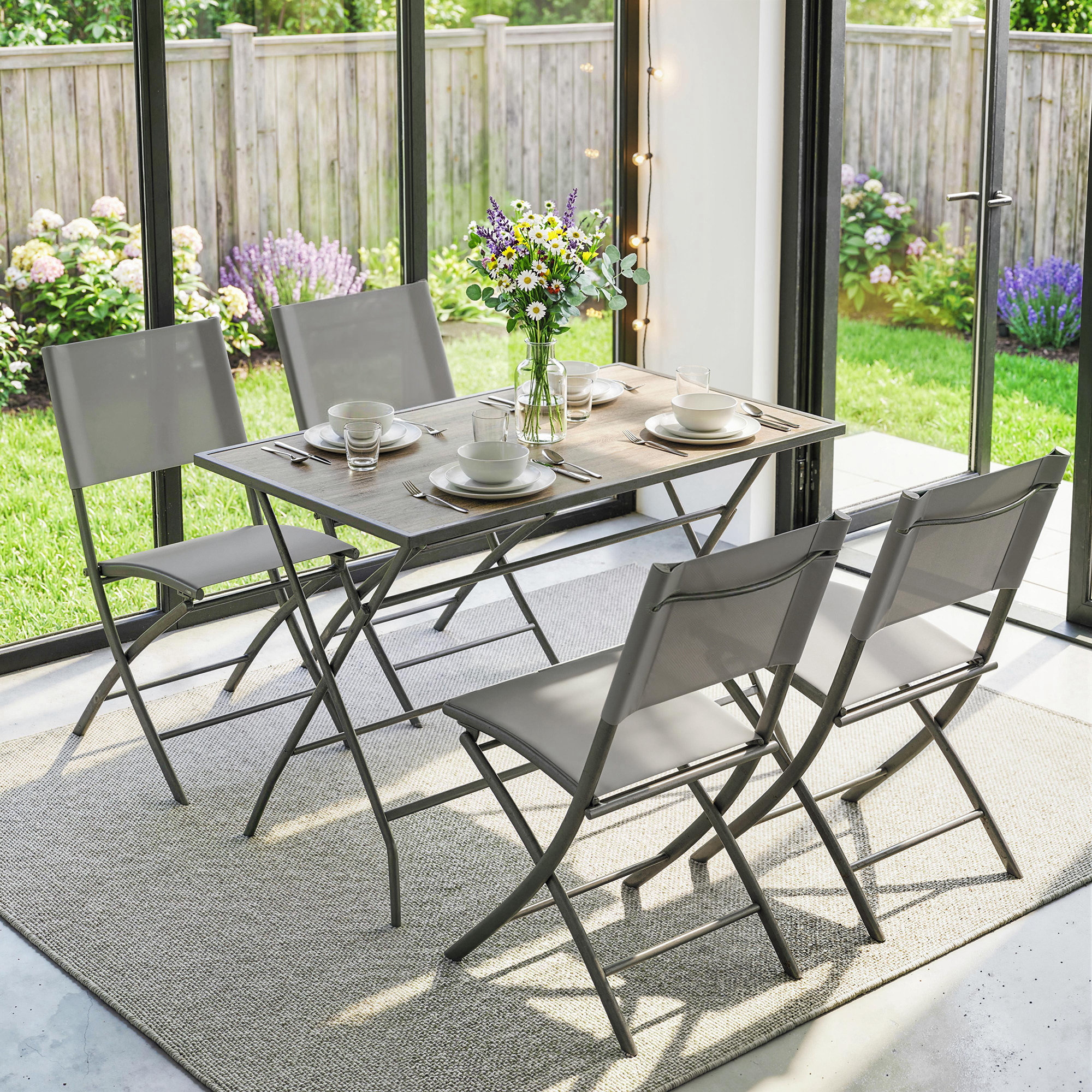 Gartenmöbel Set Klappbar Sitzgruppe 5-teilig Tisch mit 4 Atmungsaktiven Stühlen Holzoptik Platzsparend
