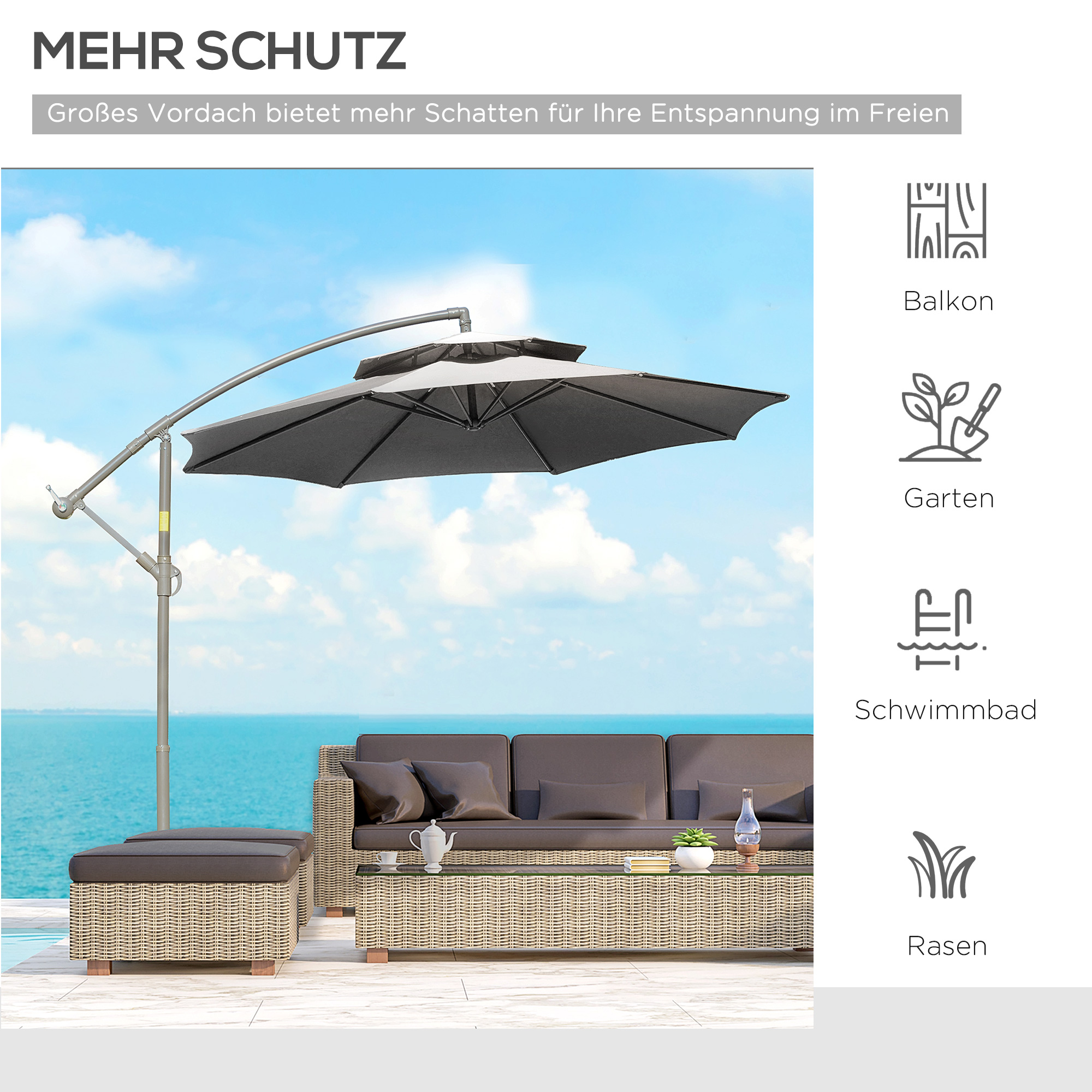 Sonnenschirm Ampelschirm Ø2,67 x 2,45 m Kurbelschirm mit Doppeldach Kreuzbasis Stahl Outdoor Sonnenschutz Polyester Stahl Hellgrau
