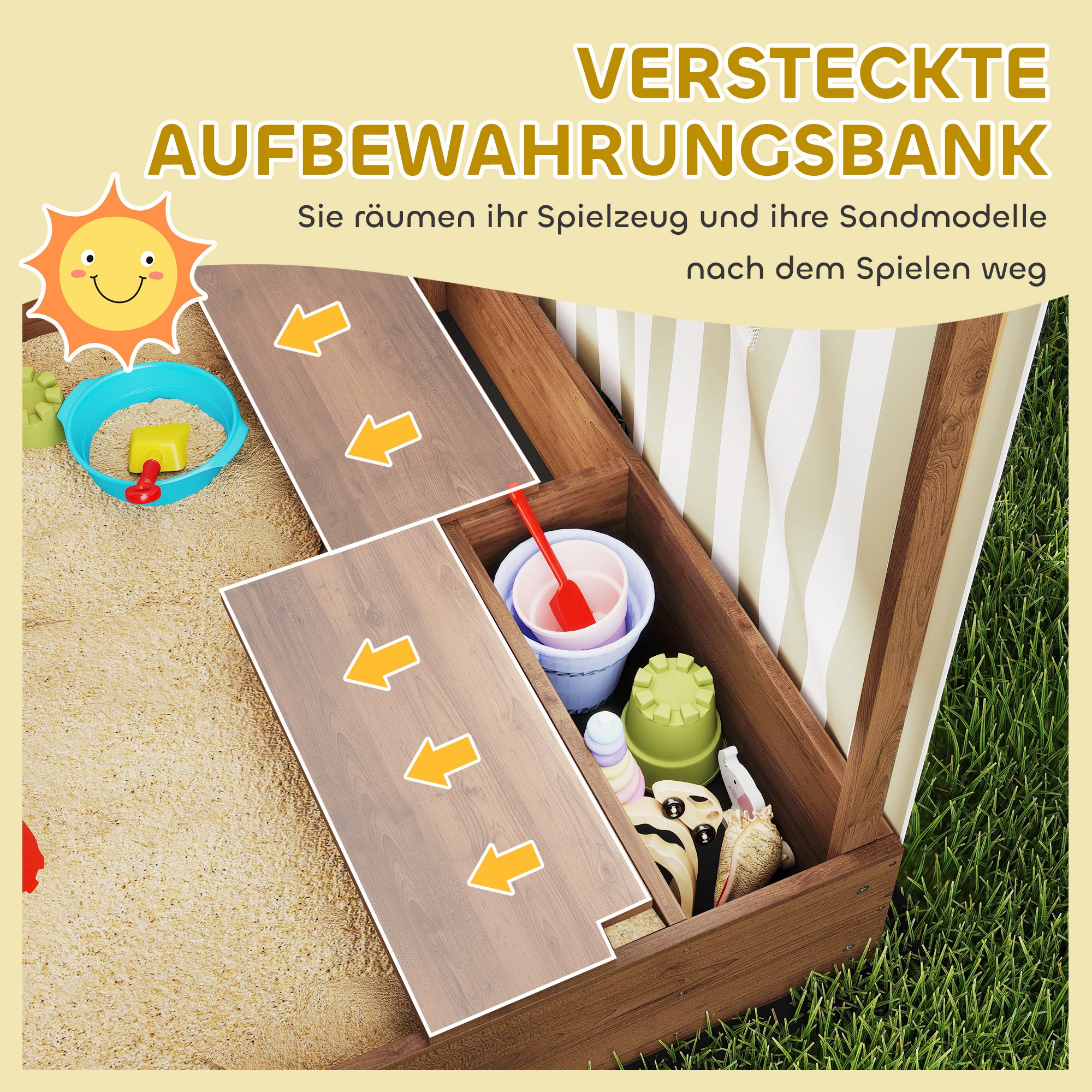 Sandkasten, Sandkiste mit Vordach und Netztür, Sitzbänke, Bodenschutz, Braun