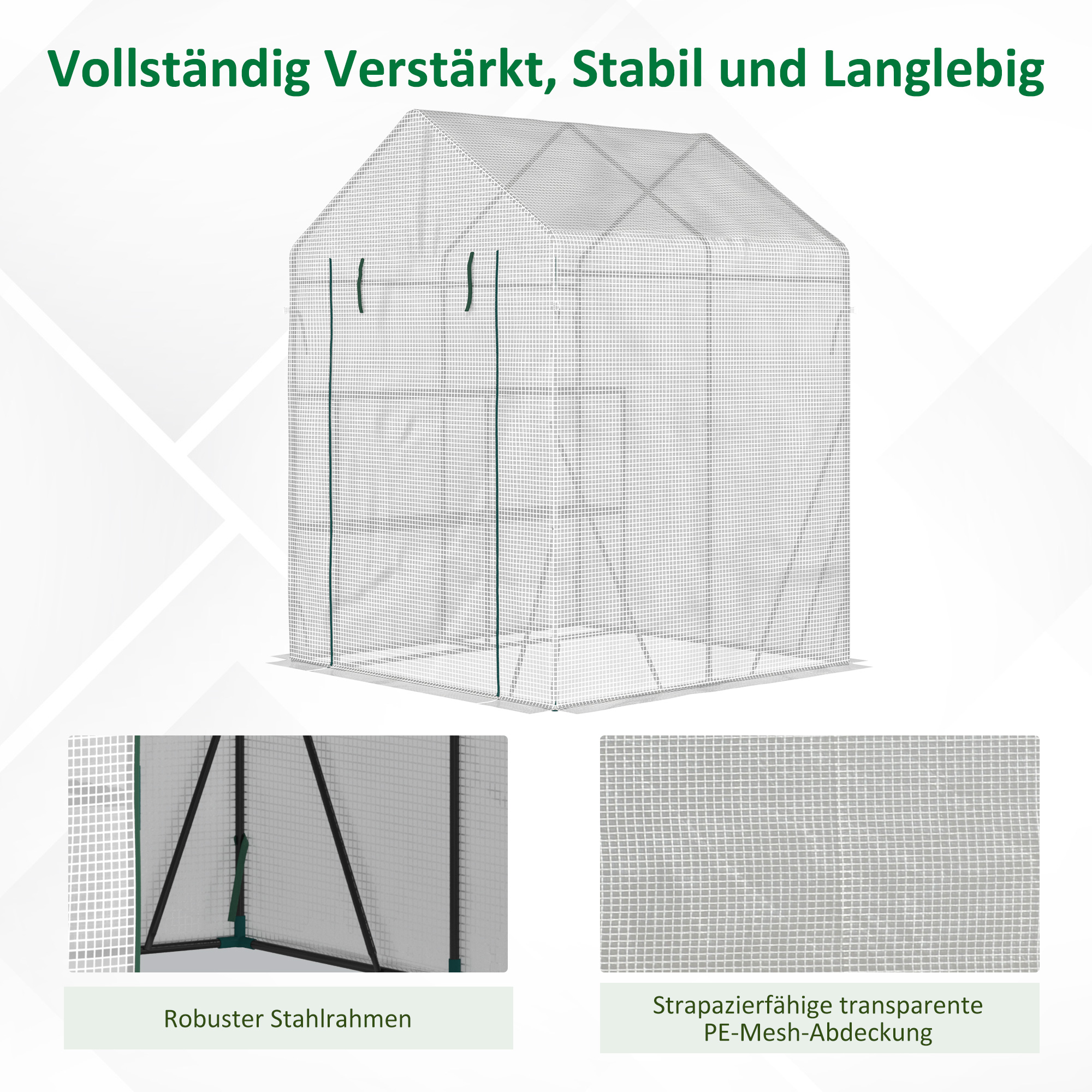 Foliengewächshaus begehbares Gewächshaus mit 4 Regalebenen Tomatengewächshaus Treibhaus Frühbeet mit Reißverschlusstüren Weiß Stahl PE-Kunststoff 143 x 143 x 195 cm