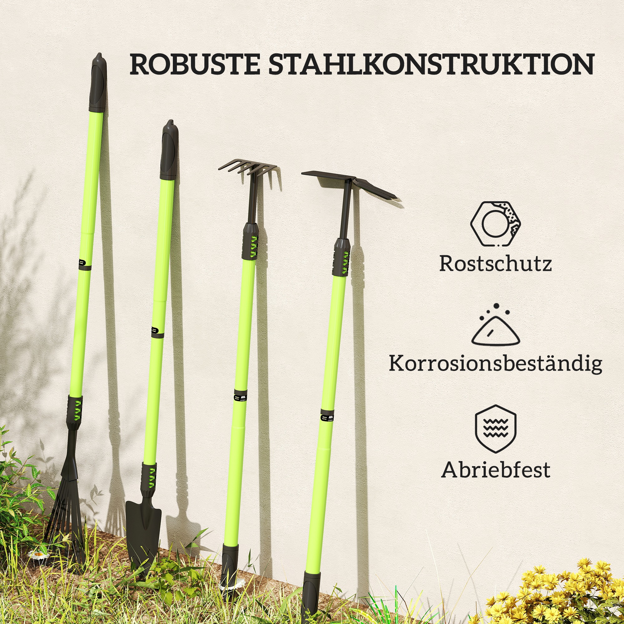 Gartenwerkzeug-Set 4 Stück Gartengeräte-Set mit Schaufel Gartenhacke Gartenrechen Laubrechen Grün