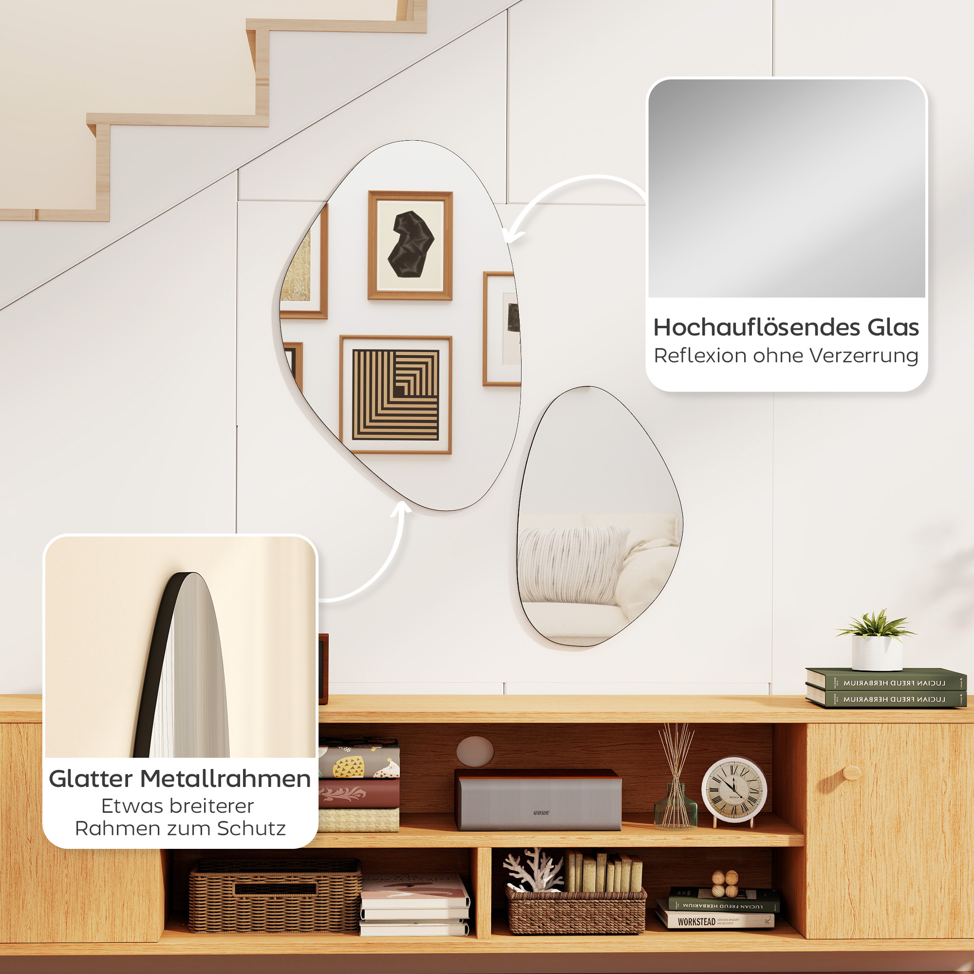 Wandspiegel 2er-Set 70 x 46 cm, 49,5 x 31 cm Fenster Spiegel mit Metallrahmen Hängespiegel in Kieselform, Schwarz