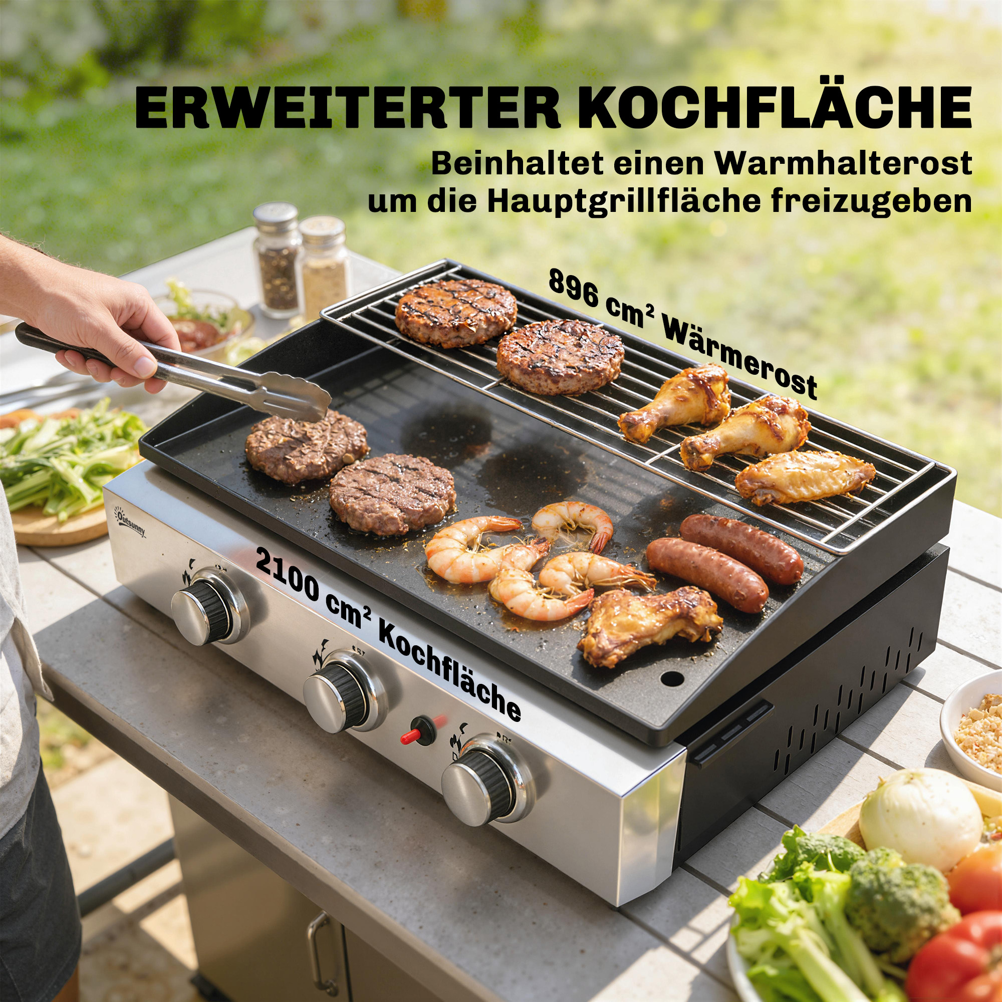 Gasgrill 7,5 KW Tragbarer Tischgrill mit 3 Brenner Keramische Lackbeschichtung Grillrost Warmhalterost