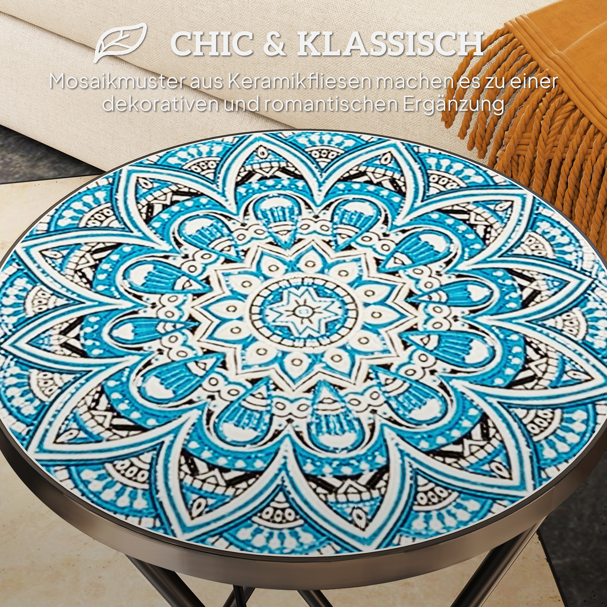 Mosaik-Gartentisch, Faltbarer runder Terrassentisch mit Metallrahmen und Keramik-Tischplatte, Mosaik-Muster, Blau