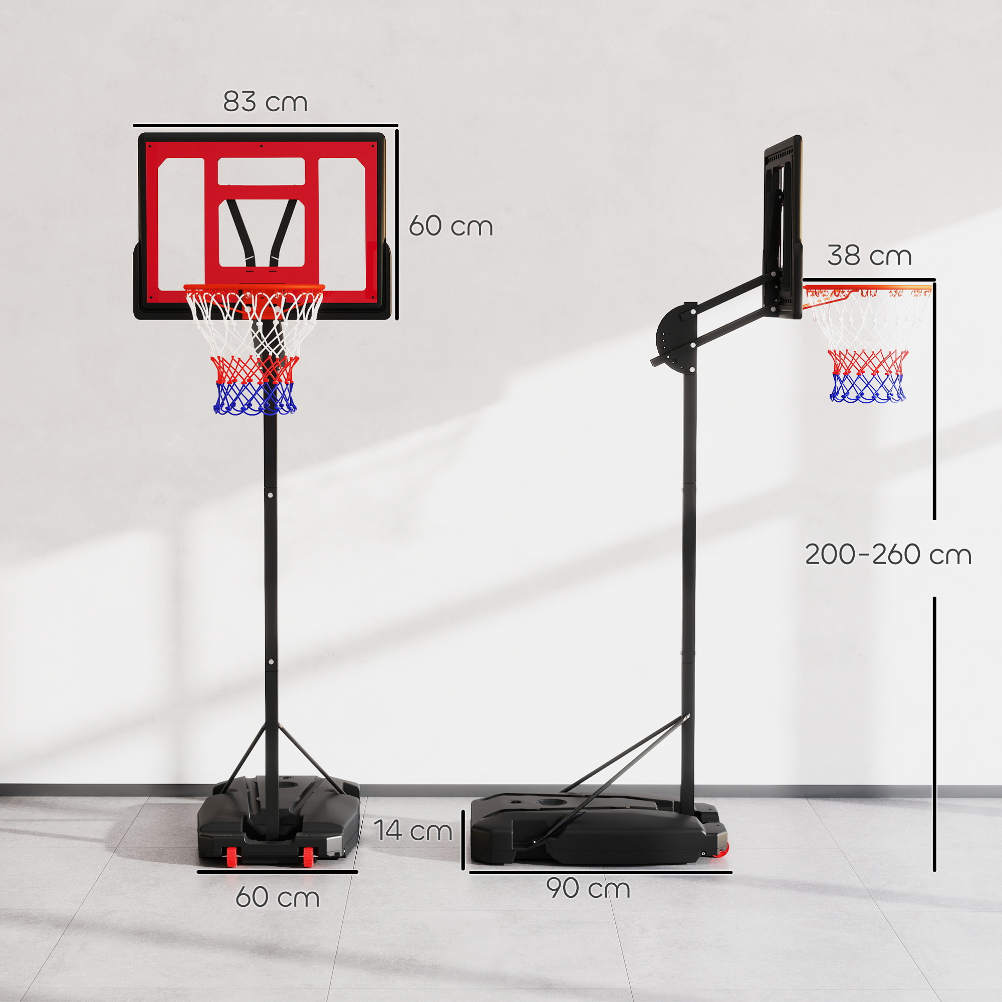 Basketballkorb, Outdoor-Basketballkorb für Jugendliche 200-260 cm höhenverstellbar, mit Rädern, Rot