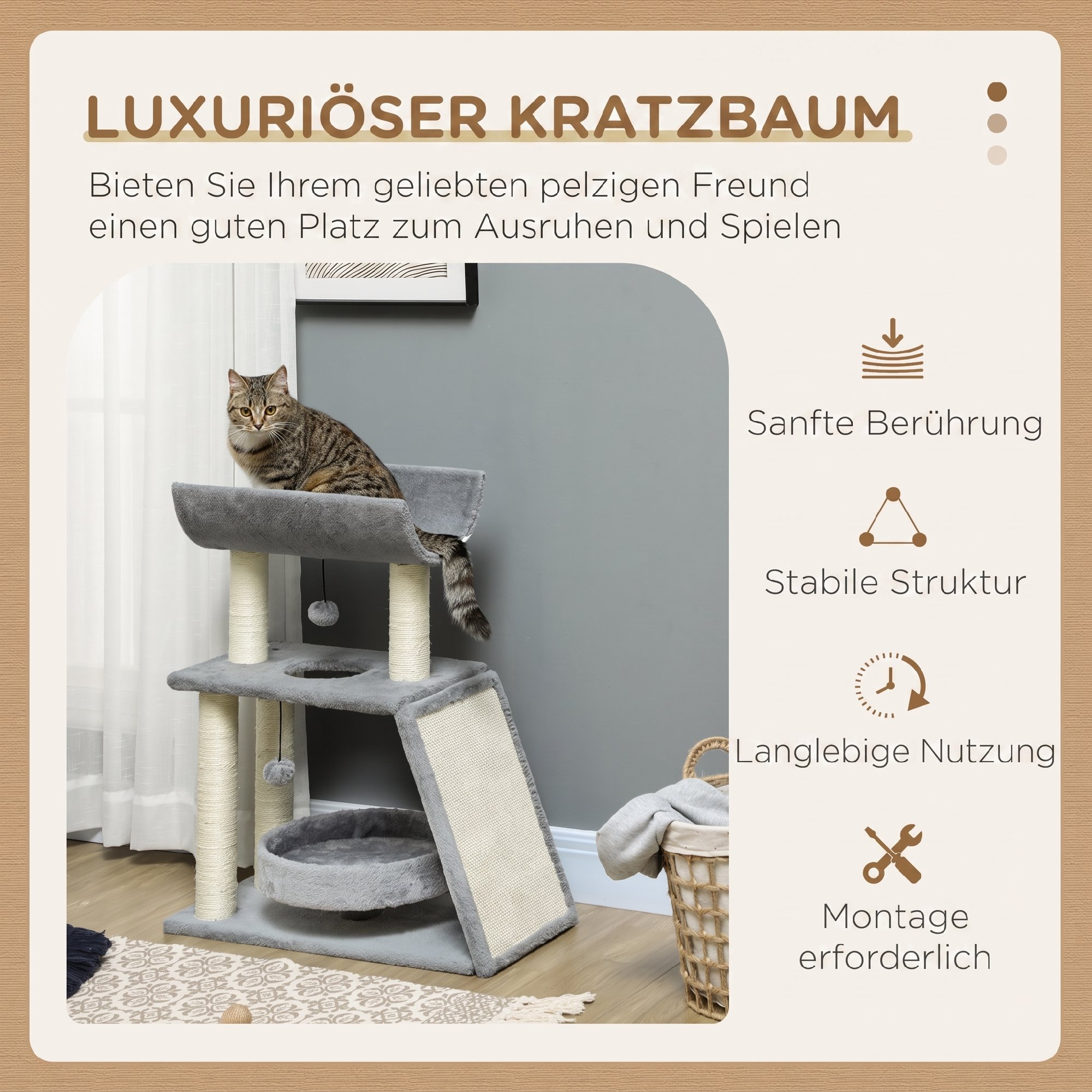 Kratzbaum Katzenbaum, inkl. Spielzeug und Katzenbett, 60 cm x 30 cm x 76 cm, Hellgrau