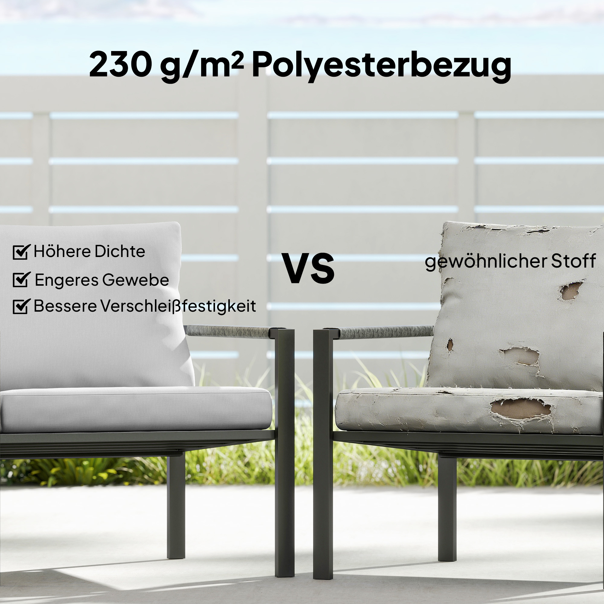 Gartenmöbel Set 4 Personen wetterfest Balkonmöbel-Set mit 2er Sofa, Sessel Sitzkissen Beistelltisch Hellgrau