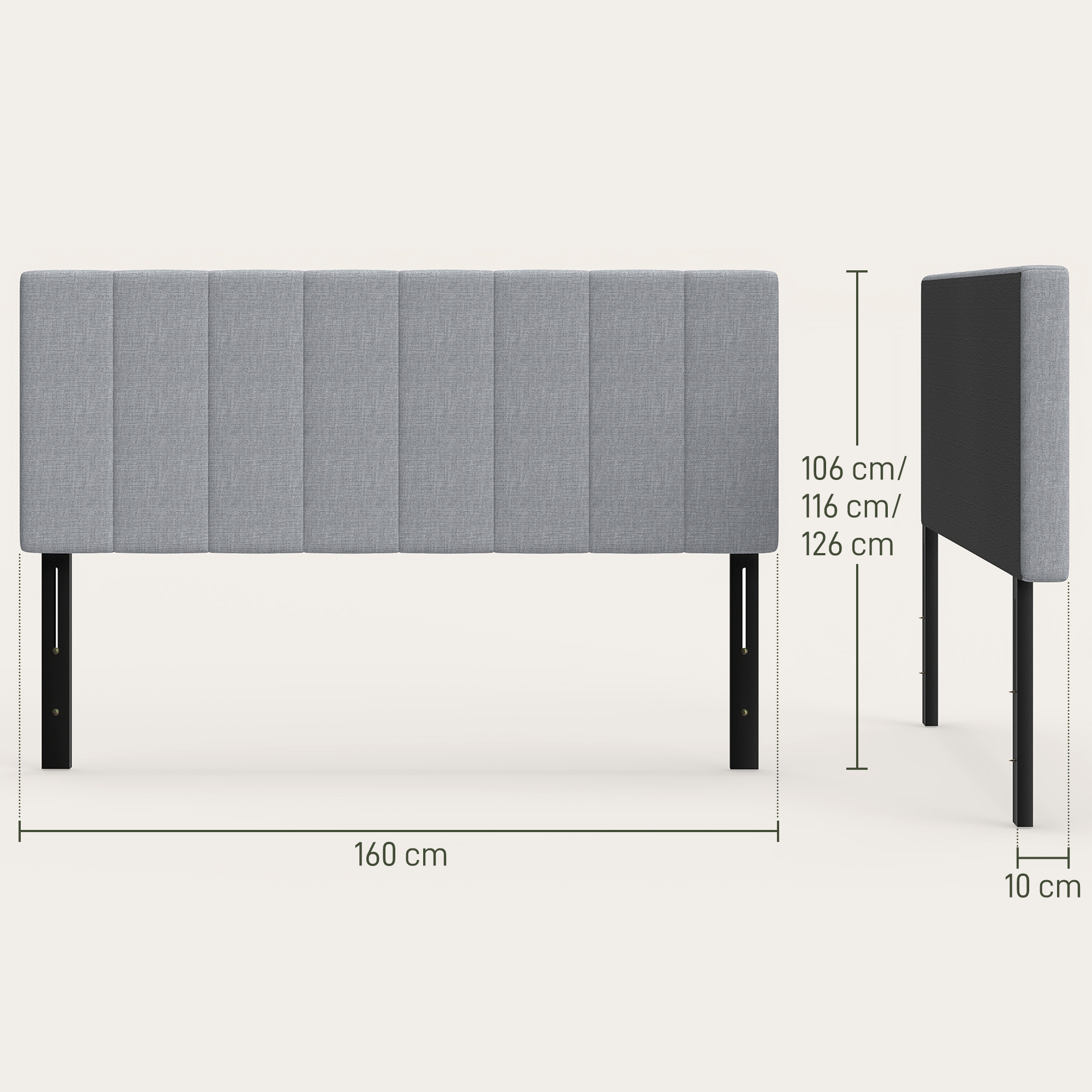 Kopfteil 3-fach höhenverstellbar Bettkopfteil mit Metallbeinen Leinenoptik für Schlafzimmer 160x10x106/116/126 cm Grau