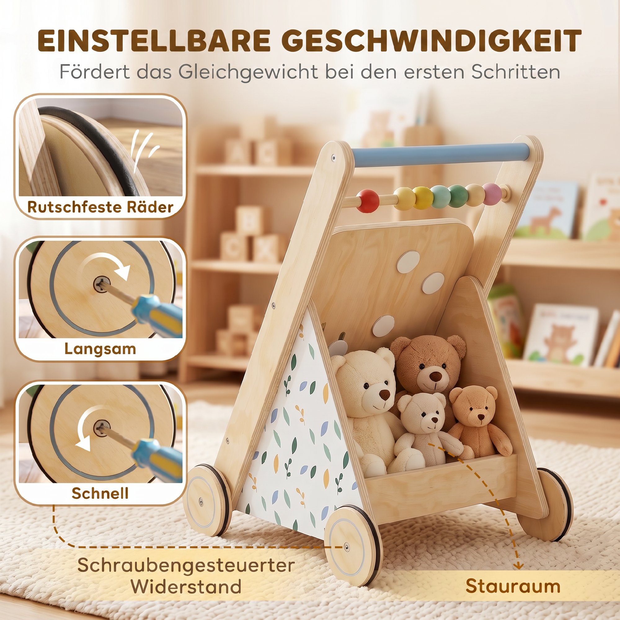 Baby Lauflernwagen Holz Lauflernhilfe mit Rädern regulierbarer Geschwindigkeit Bauklötze für Kleinekinder ab 18 Monaten