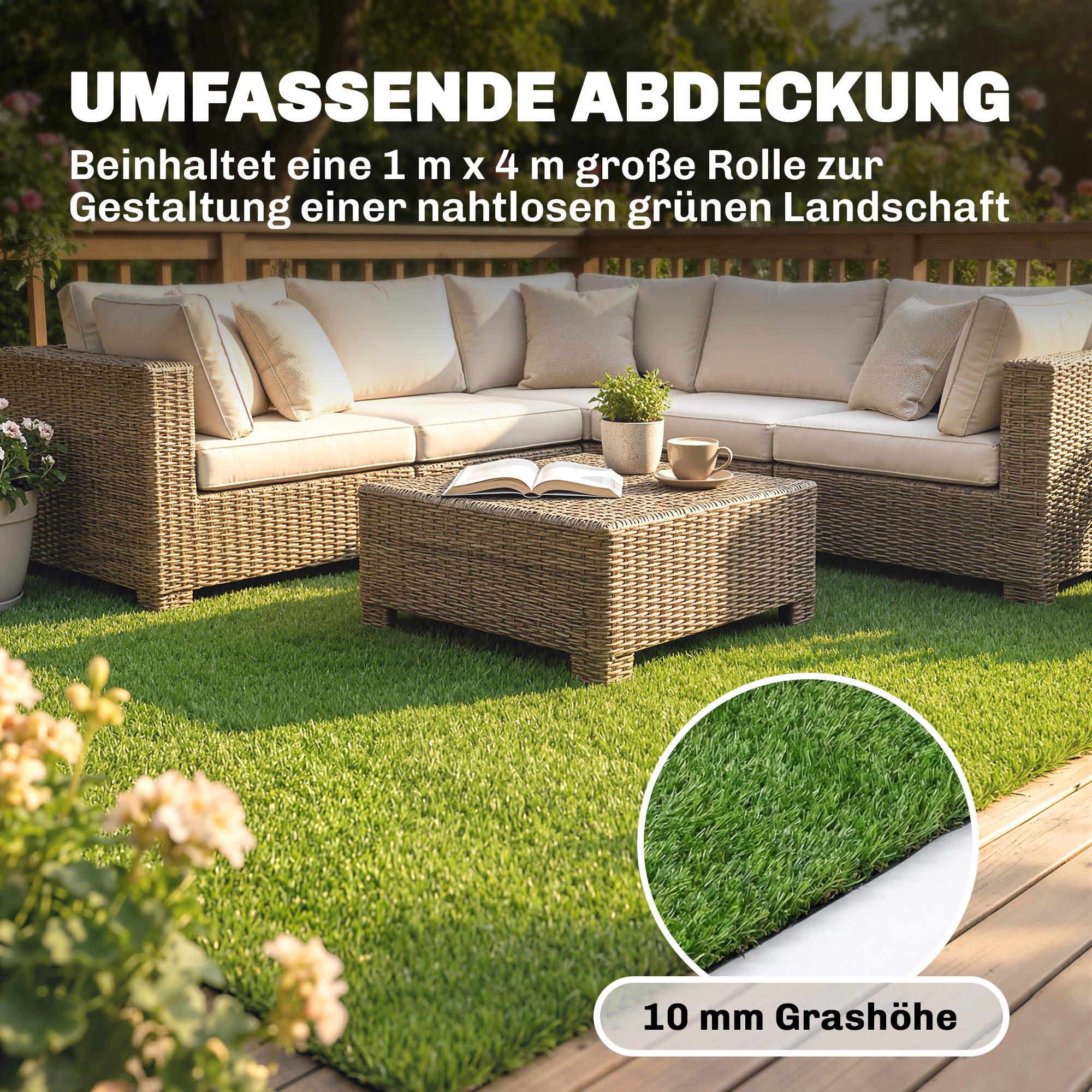 Kunstrasen 100x400cm selbstentwässernd Outdoor Teppich mit 10mm Höhe Grün