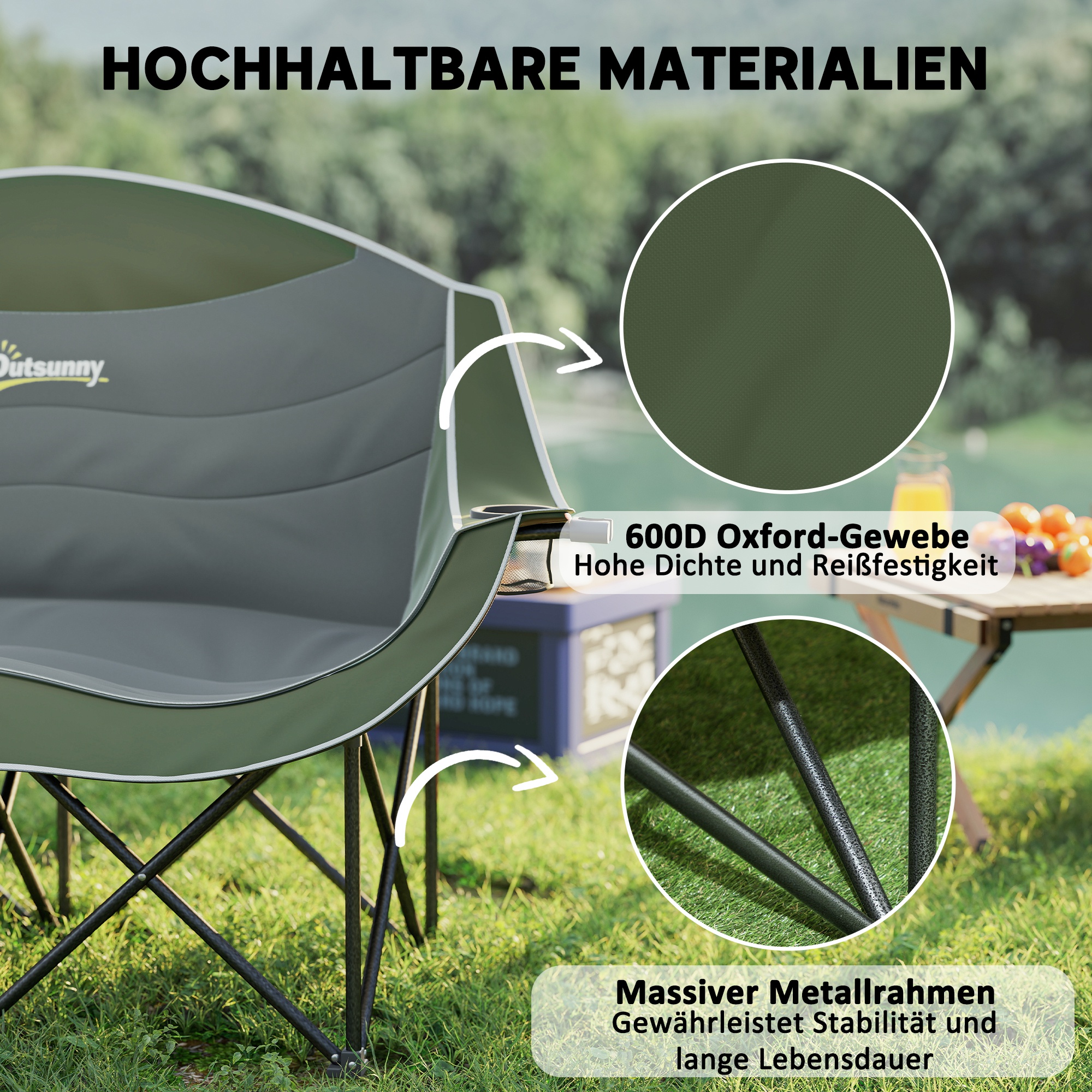 Faltstuhl faltbar 2 Sitzer Campingstuhl mit Getränkehalter Tragetasche bis 250kg belastbar Grün