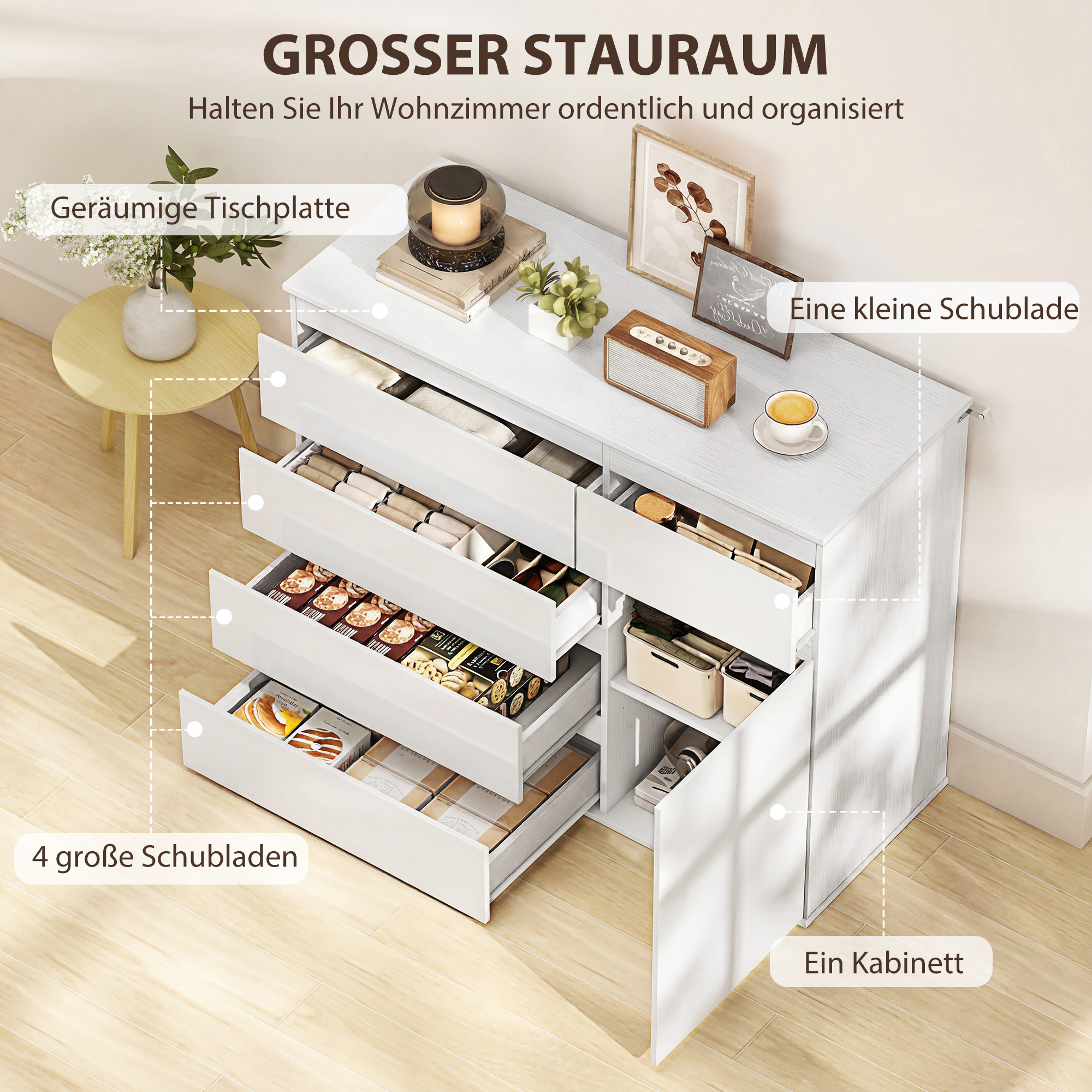 Modernes Sideboard, Stauraum-Sideboard mit 5 Schubladen, verstellbarem Regal, Soft-Close-Tür, Weiß Hochglanz