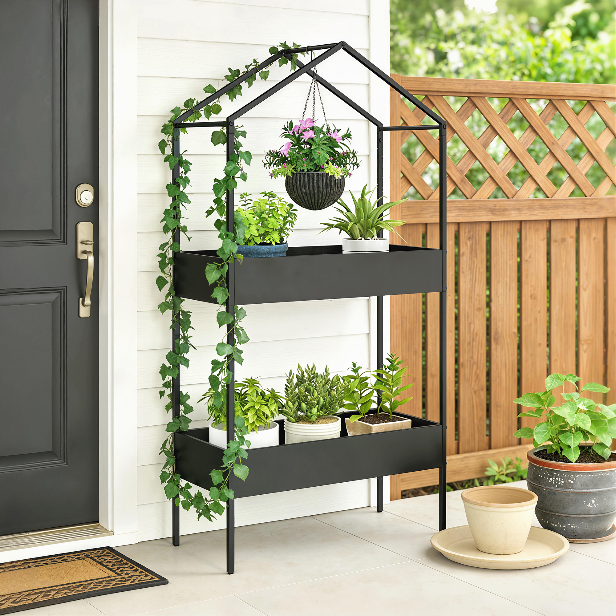 2-Etagen Pflanzenständer in Hausform, 150 cm hoch Blumenständer mit Haken, Metall Schwarz