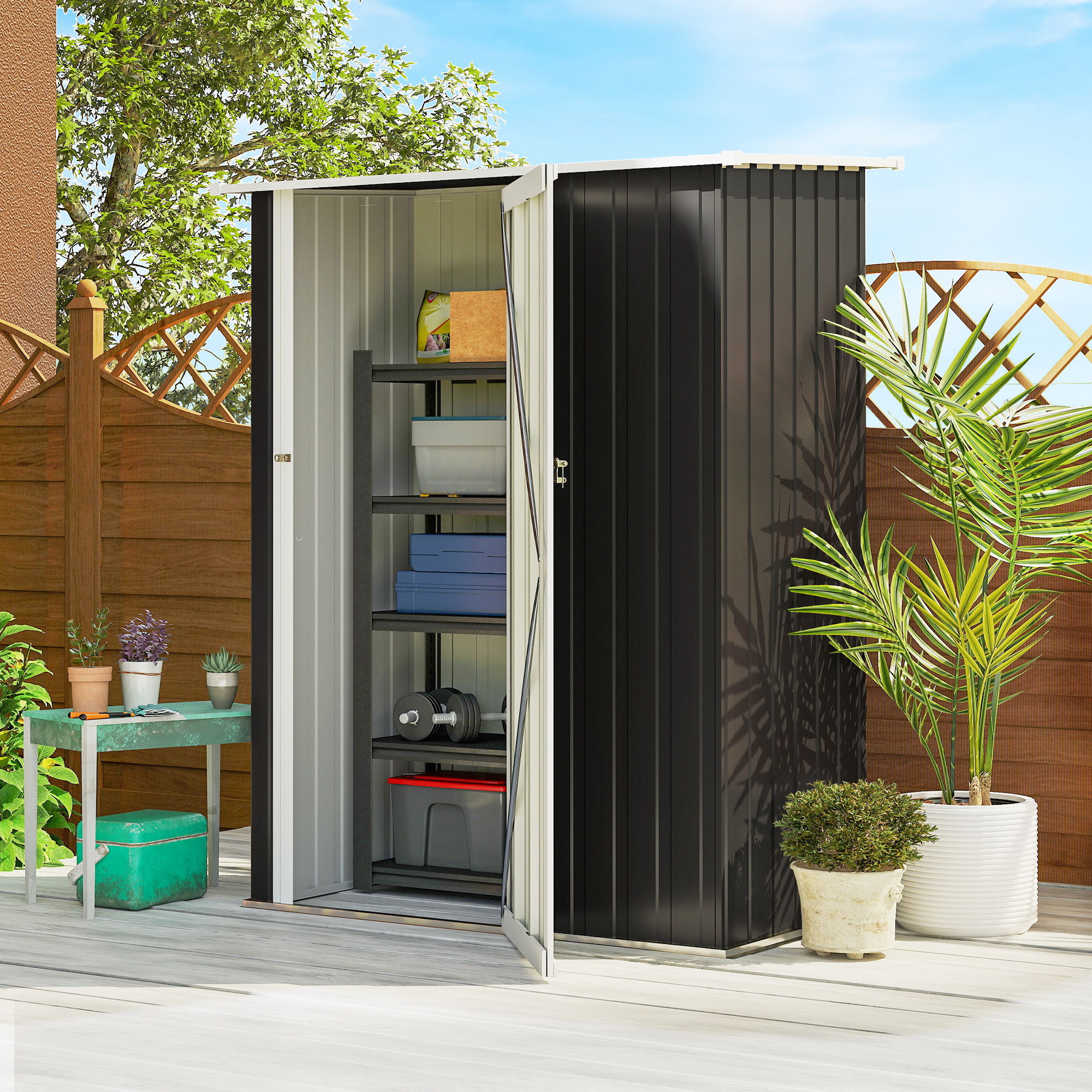 Metall Gerätehaus 1,07 m² 142 x 86 x 189 cm Geräteschuppen mit Pultdach Abschließbarer Tür, wetterfest Gartenhaus Outdoor Garten Schuppen für Hinterhof Außenbereich Dunkelgrau