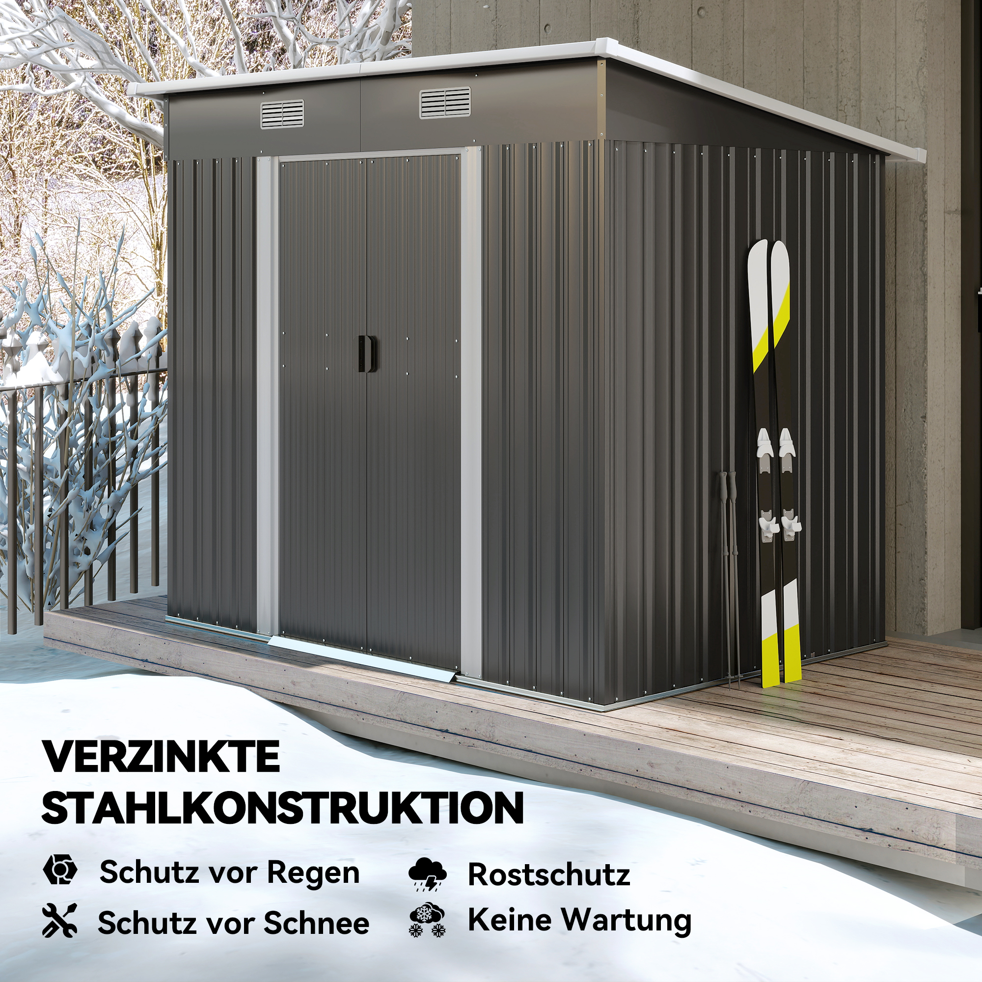 Gerätehaus Metall 2,3 m² 207 x 130 x 182 cm Geräteschuppen mit Pultdach Fenster Bodenrahmen Schwarz