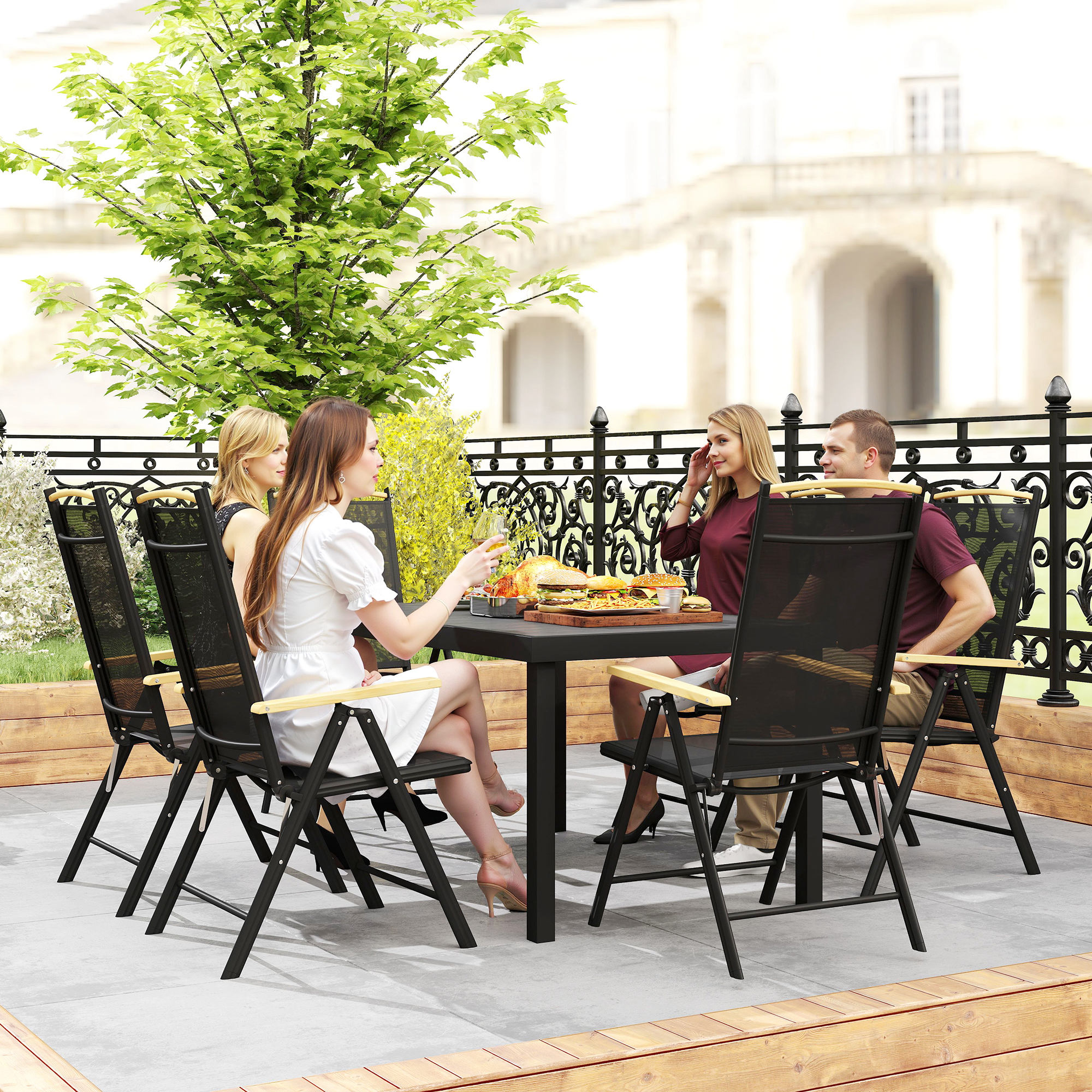 Sitzgruppe klappbar für 6 Personen 1 Tisch+6 Stühle Gartenmöbel Set Sitzgarnitur Aluminium Mesh Schwarz