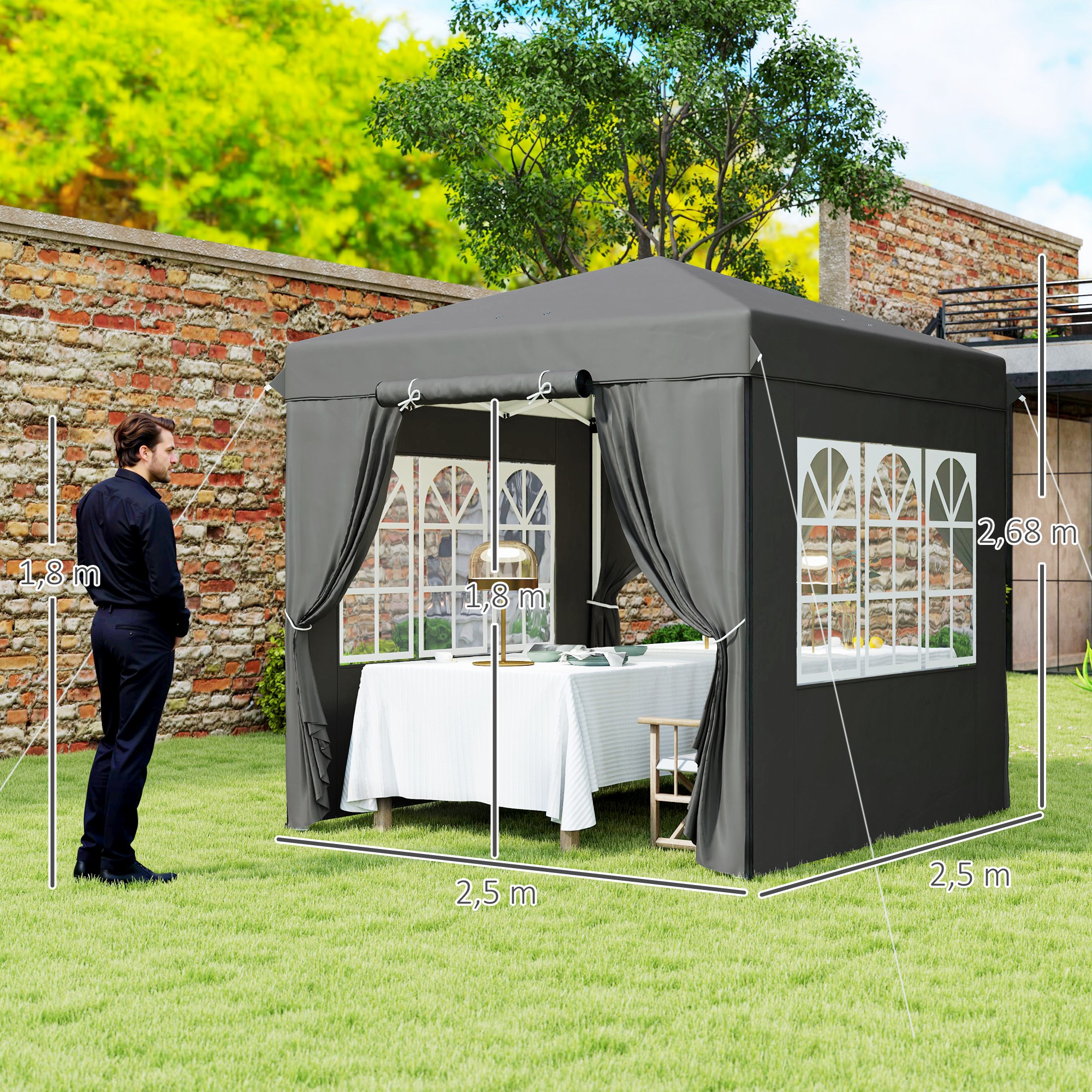 2,5 x 2,5 m Pop-up-Pavillon mit Seitenwänden und Transporttasche, UPF50+ höhenverstellbares Gartenzelt, Dunkelgrau
