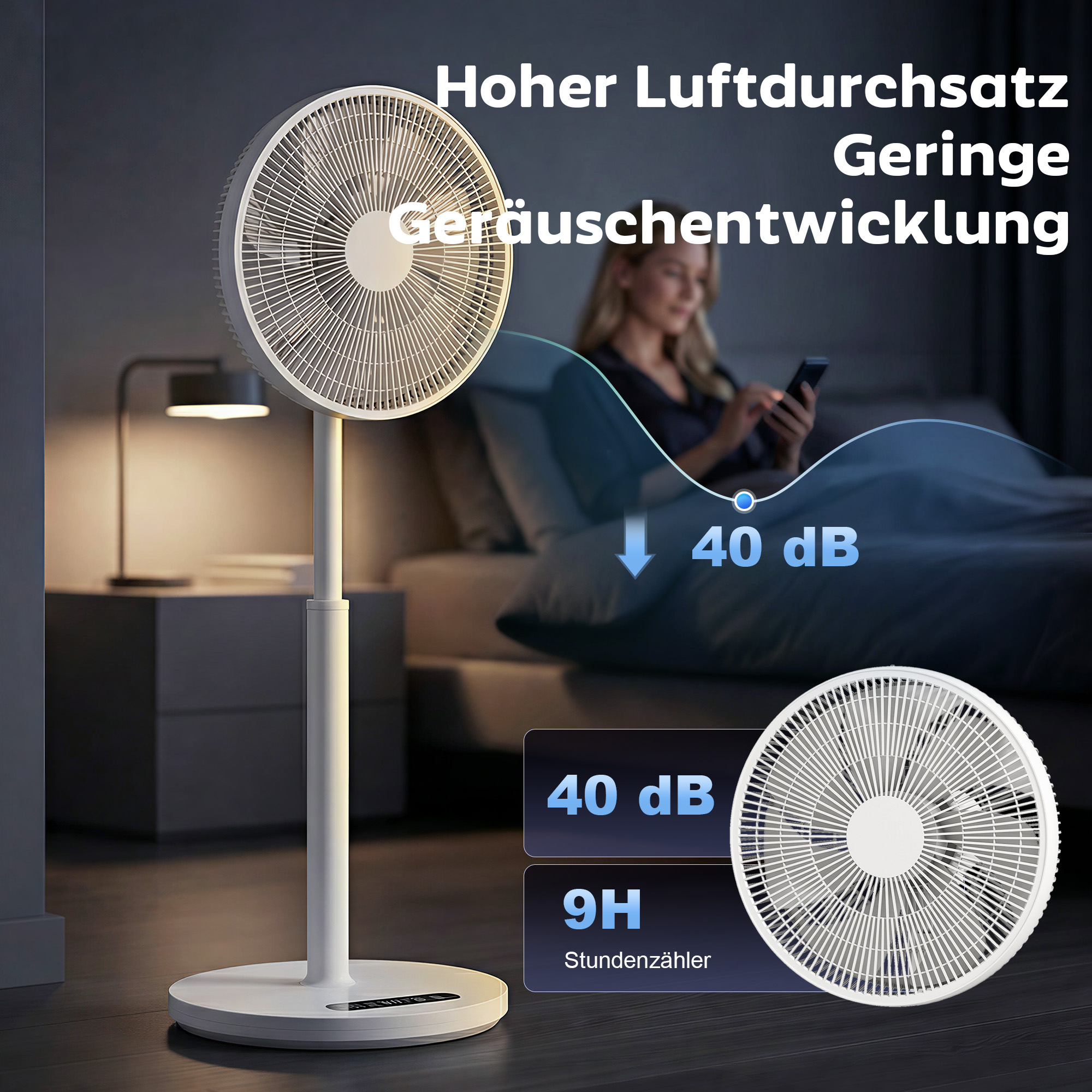 Standventilator mit Fernbedienung und 12 Geschwindigkeiten, Bodenventilator mit verstellbarer Höhe für das Schlafzimmer, Weiß