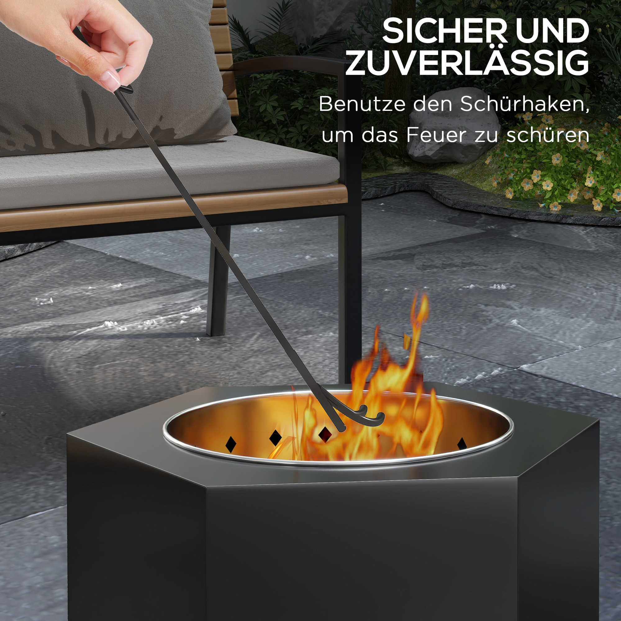 Feuerschale Feuerstelle Feuertonne, inkl. Schürhaken, 45 x 38,8  x 46,5 cm, Silber + Schwarz