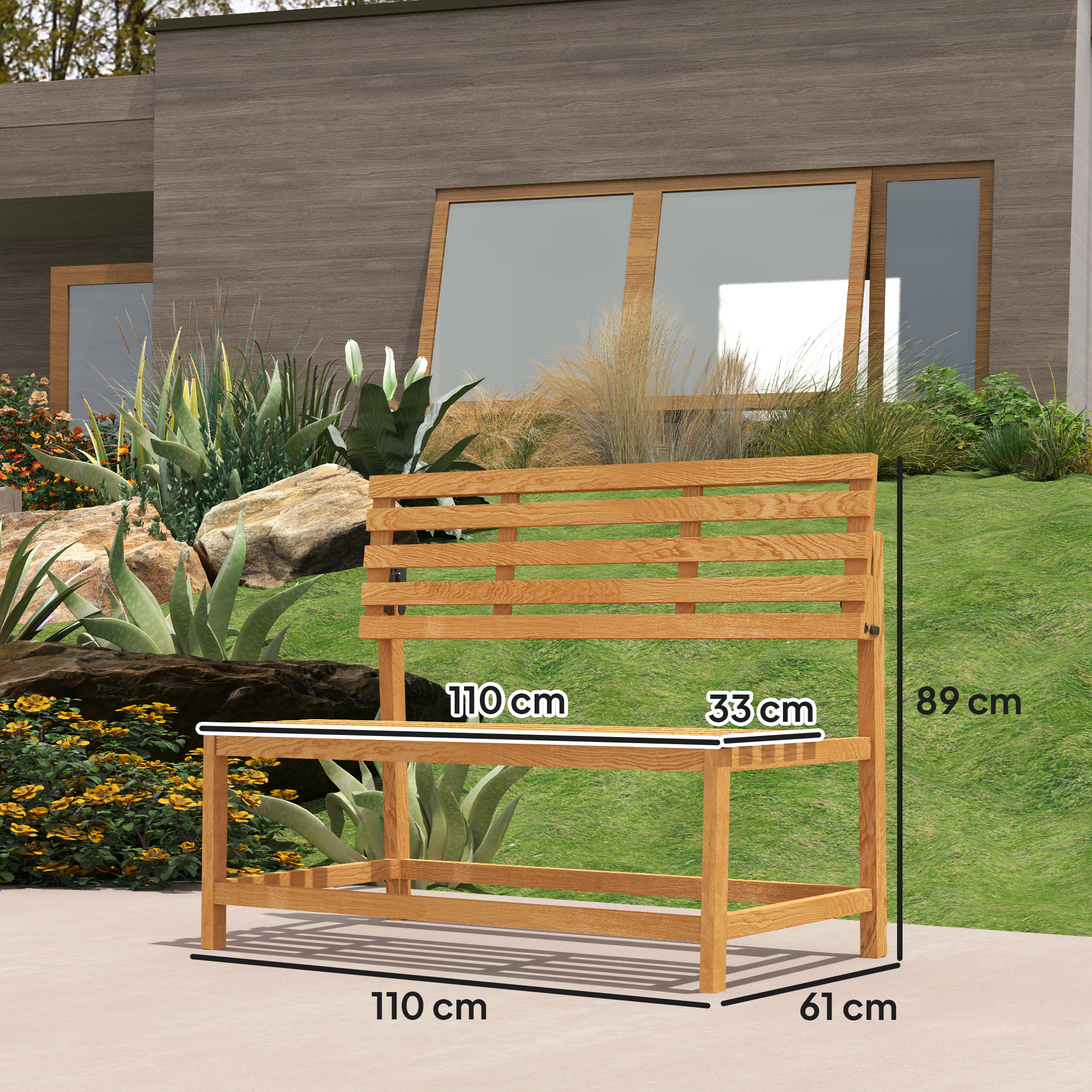 2-Sitzer Gartenbank Holz, wetterfest Sitzbank, UV-Beständig Gartenmöbel mit Umwandelbare Rückenlehnen 110x61x89cm, Teak