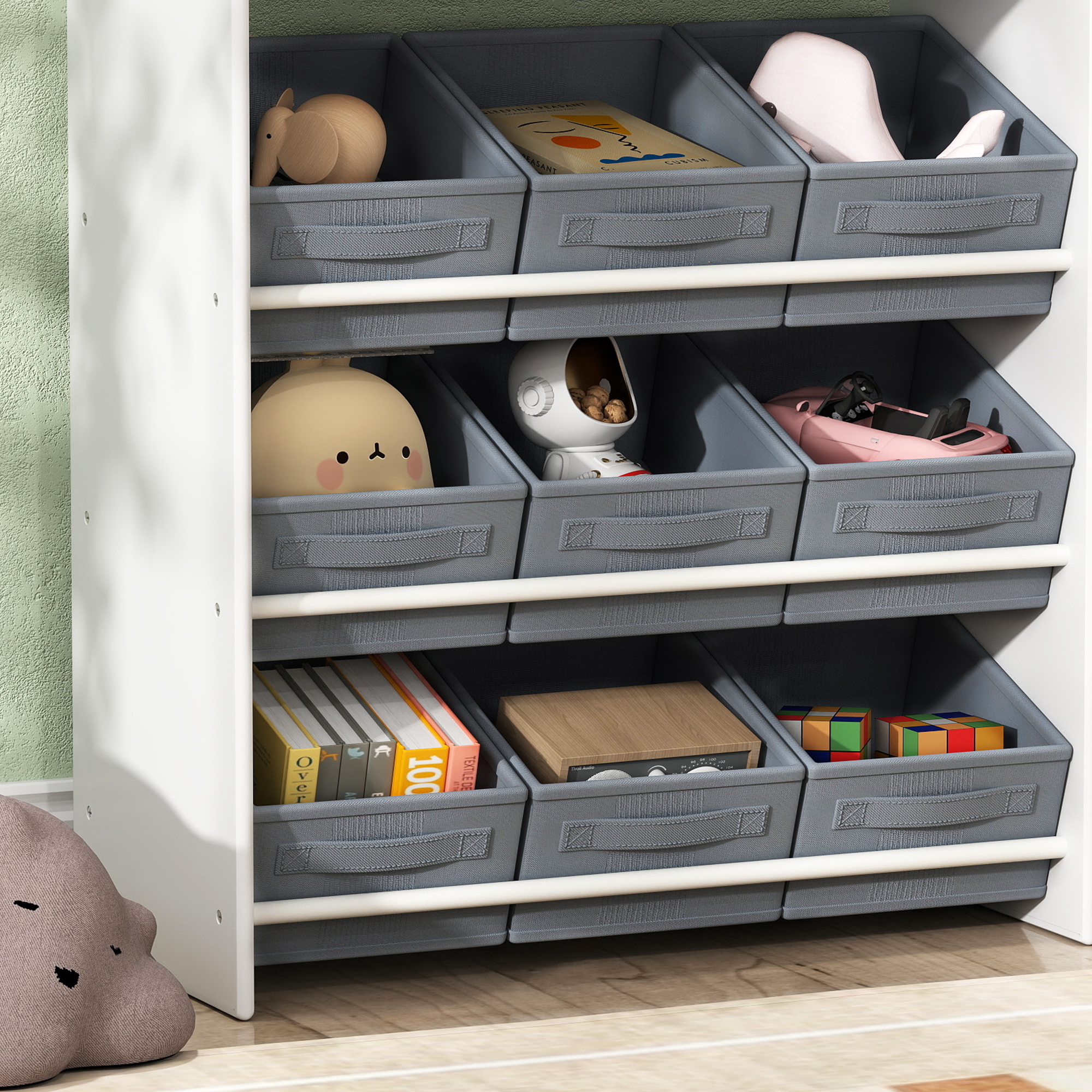 Kinder-Aufbewahrungsregal, Spielzeugschrank für Kinder mit 11 Stoffboxen, oberen Fächern, 3 Stickern, Weiß