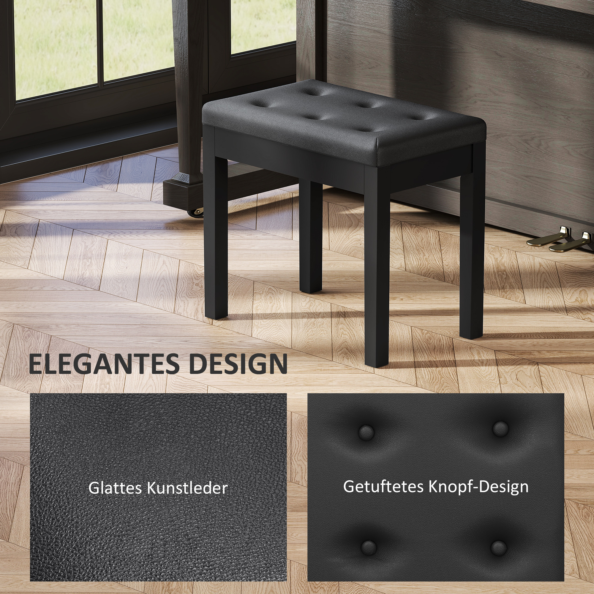 Klavierbank, Kunstlederbezug, gesteppte Knöpfe, Stauraum, Holzbeine, Schwarz