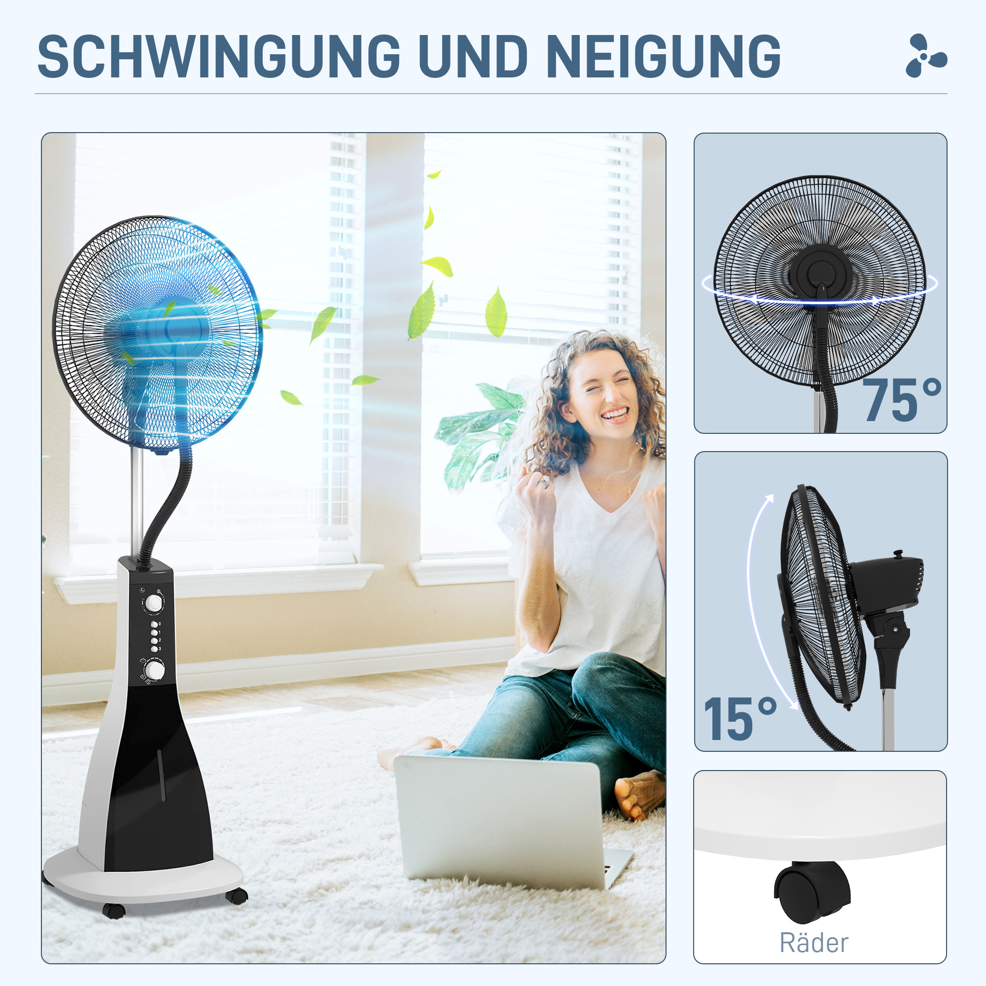 2-in-1 Ventilator mit Befeuchter, 3 Geschwindigkeiten, Timerfunktion, 3 L Tank, 44,5 x 38,5 x 120cm, Schwarz