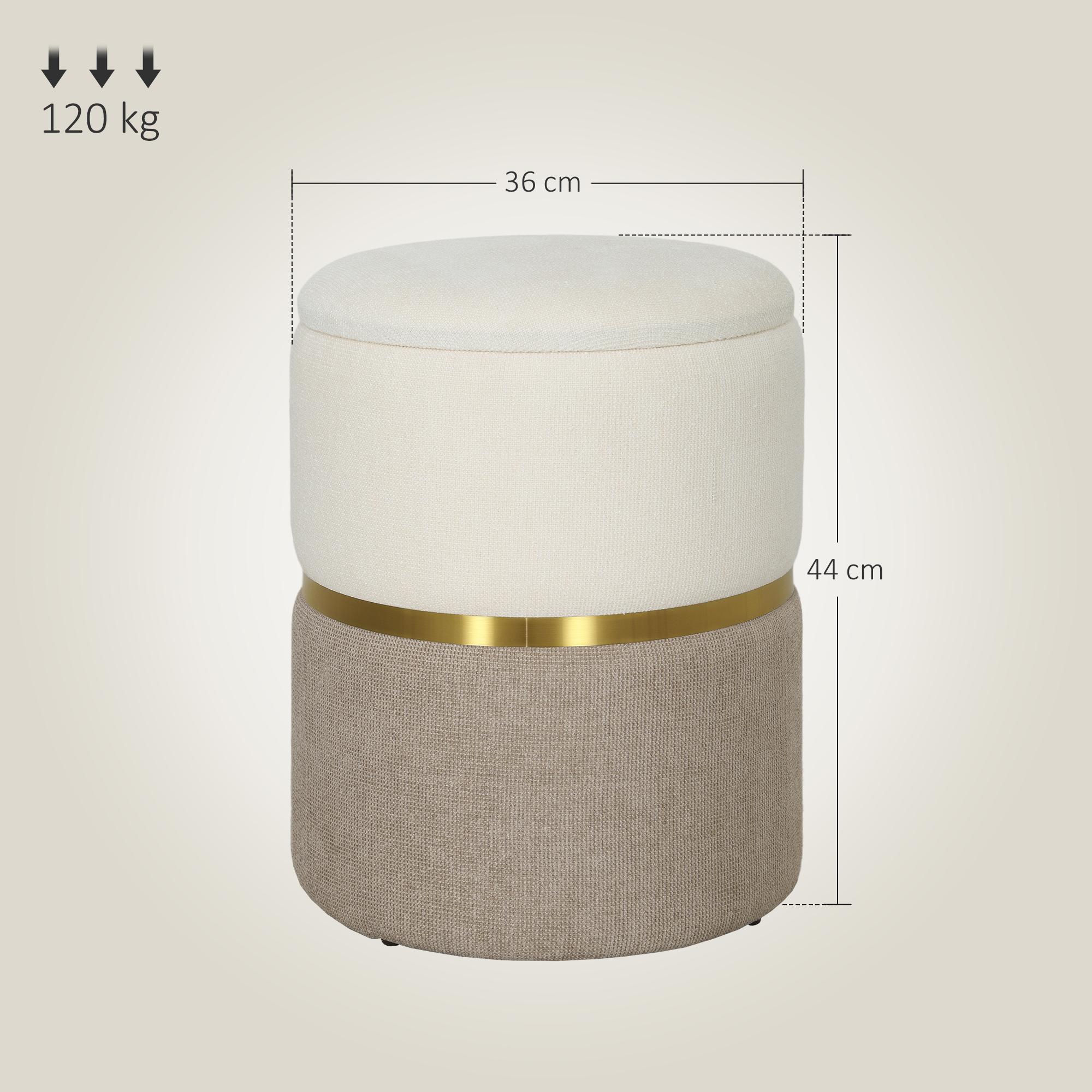 Sitzhocker mit Stauraum Hocker mit Deckel, Metallring, zweifarbig Design 36 x 36 x 44 cm Cremeweiß