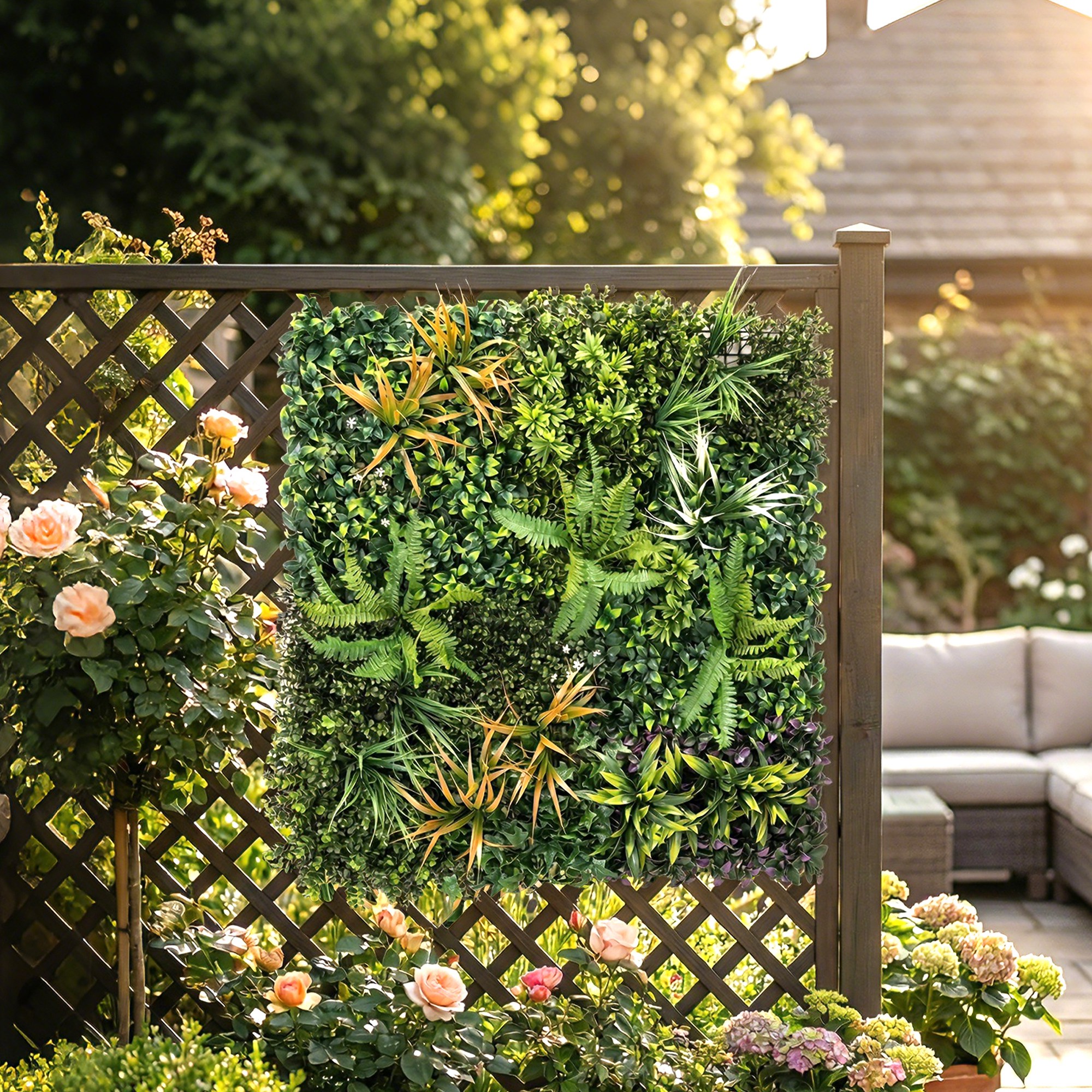 Graswand-Paneele, 100 x 100 cm künstliche Graswand-Dekoration mit Verbindungsbindern, grüner Hintergrund, Grün