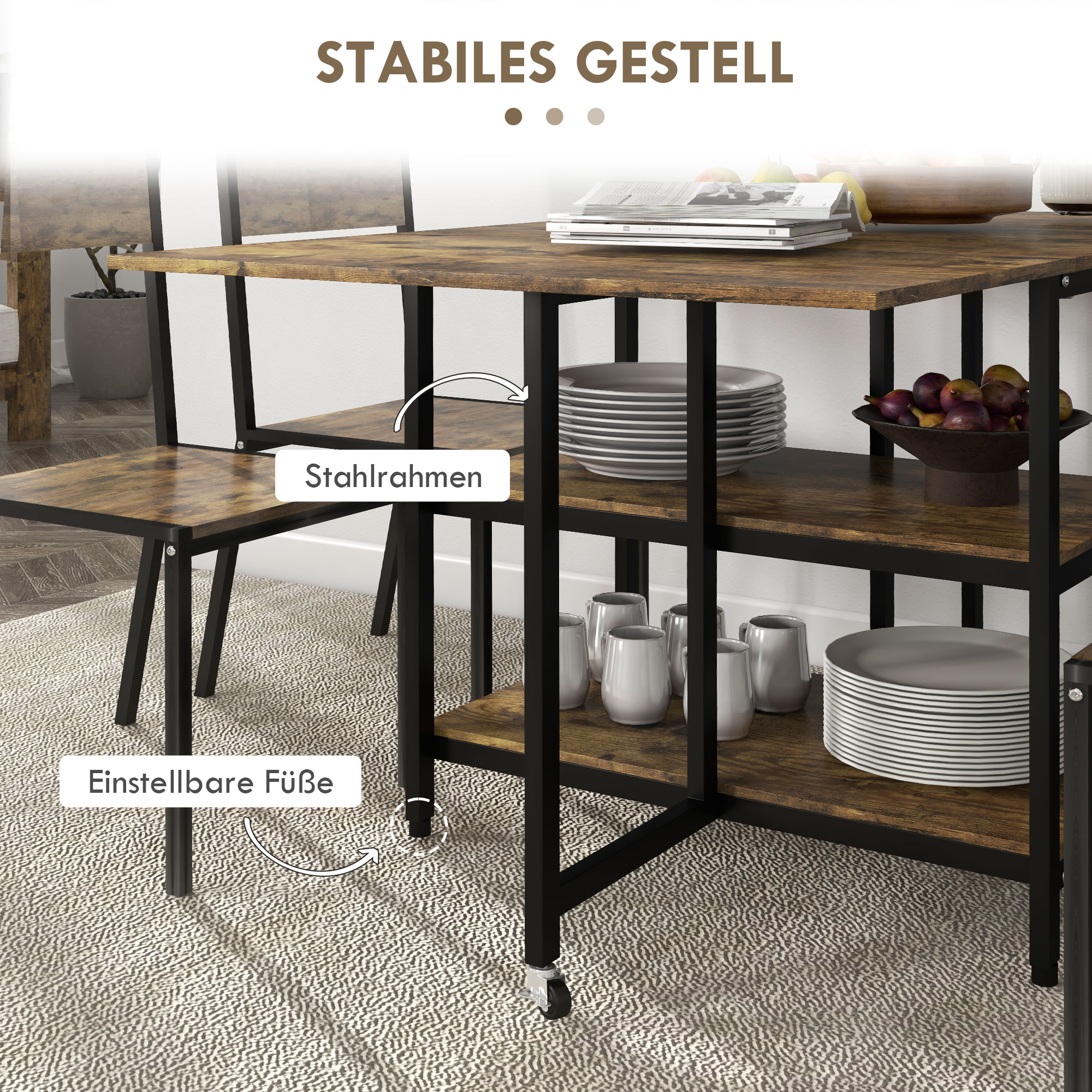 Esstisch Klapptisch klappbarer Esstisch, Industriedesign, 140 cm x 80 cm x 75 cm, Braun + Schwarz