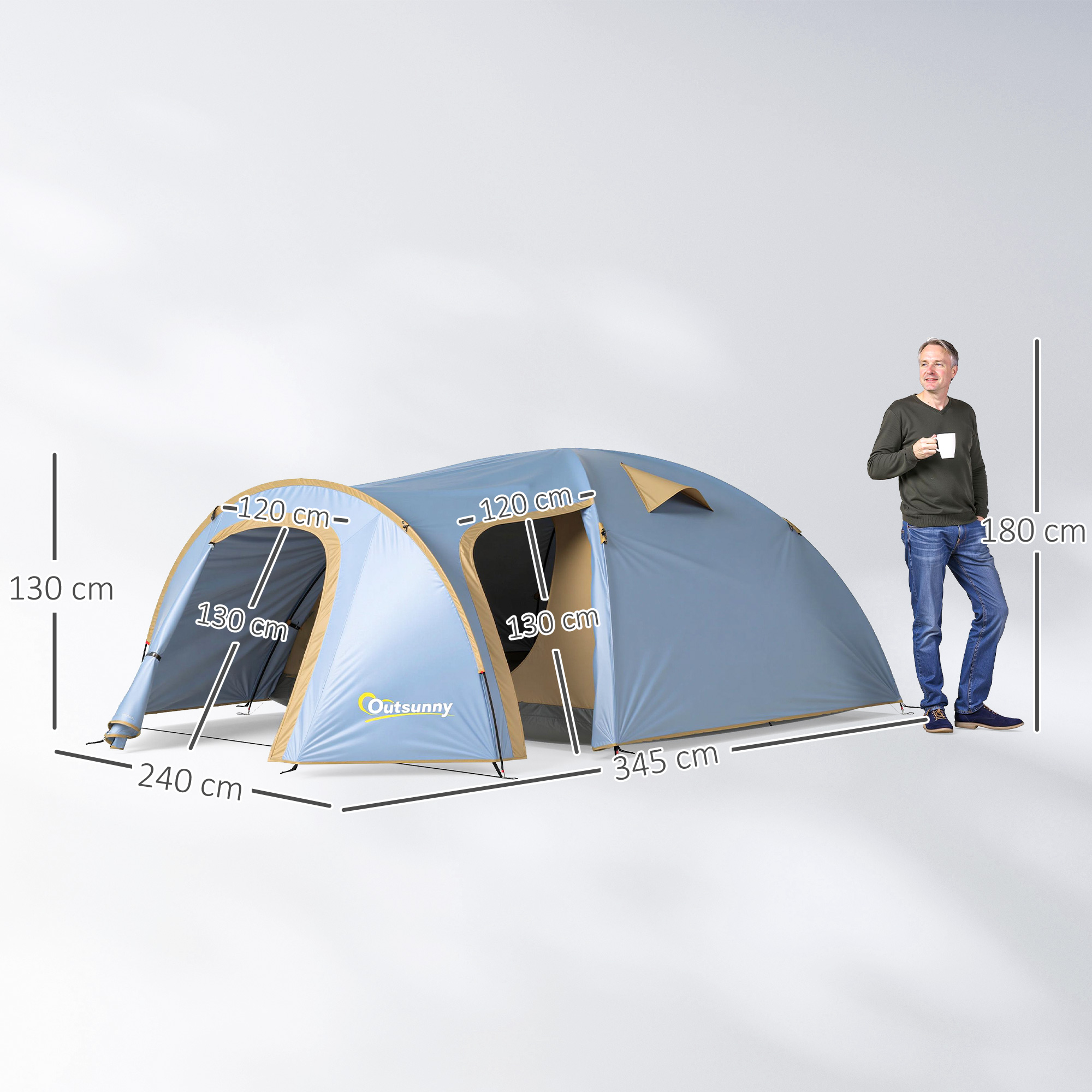 Campingzelt für 4 Personen, wasserdicht Tunnelzelt mit 2 Türen Haken Packtasche 3,45 x 2,4 x 1,3 m Hellblau
