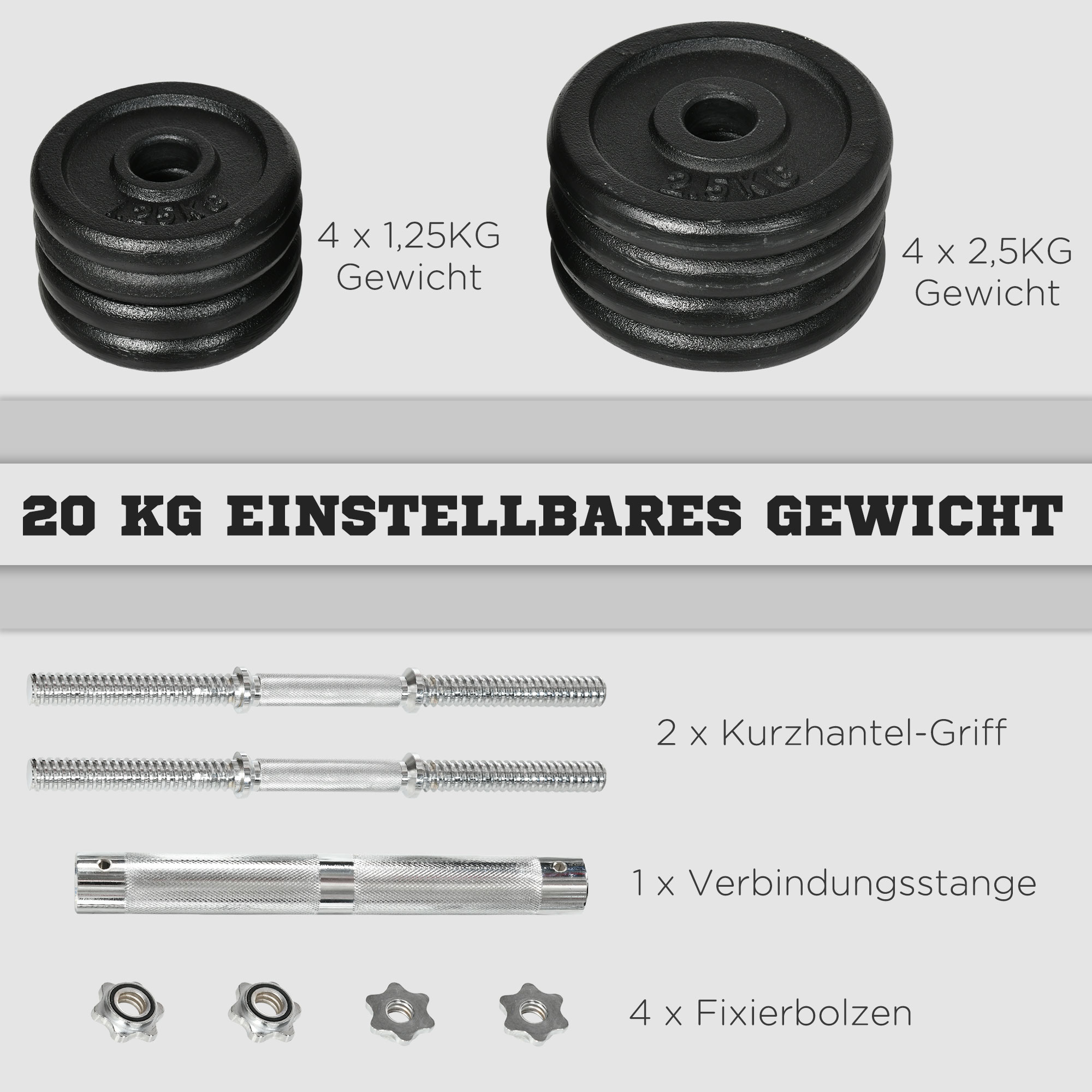 Kurzhantel, Langhantel, 2-in-1, 20 kg, 8 Hantelscheiben, rostfrei, Eisen, schwarz, 95 x 16 x 16Hcm